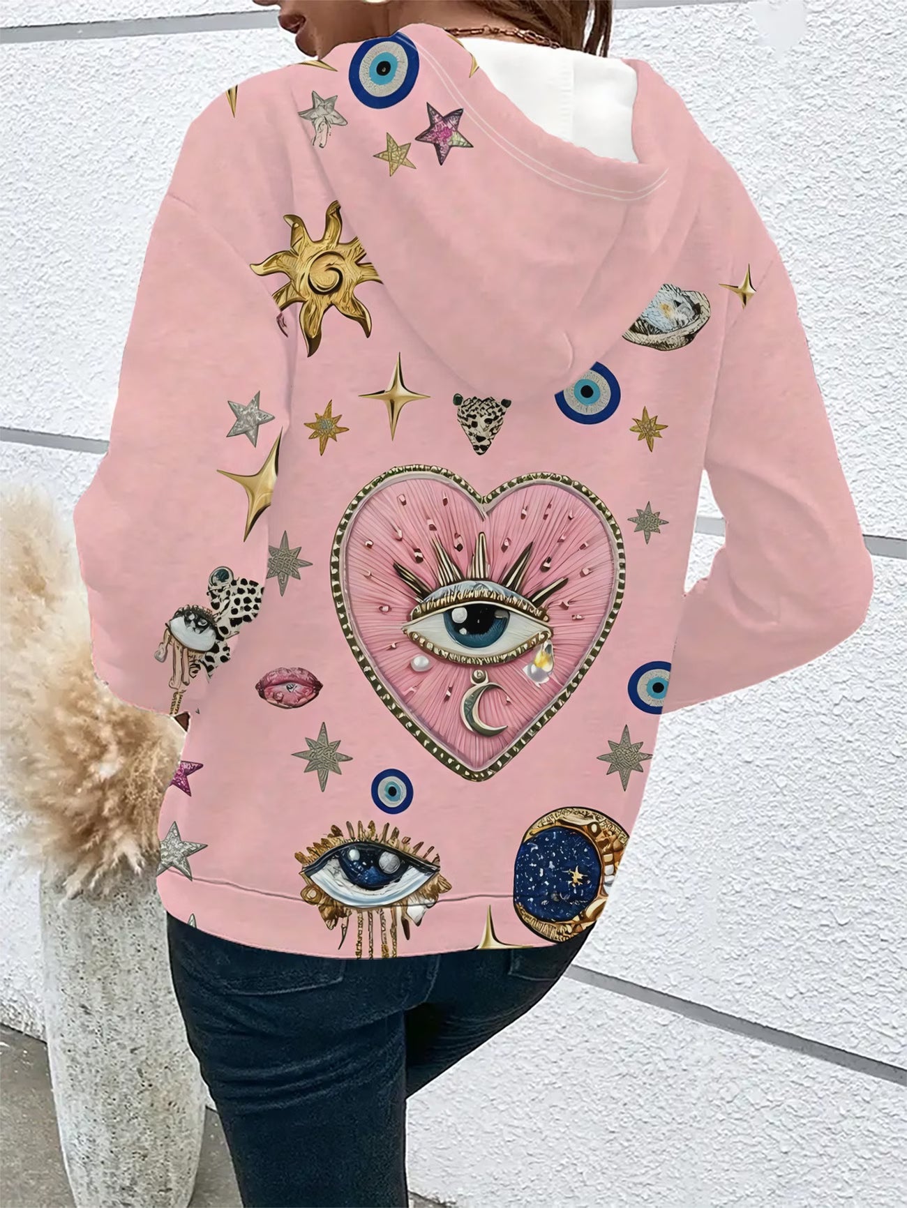 Women's Hooded Sweatshirt – Eye Shapes & Stars Print