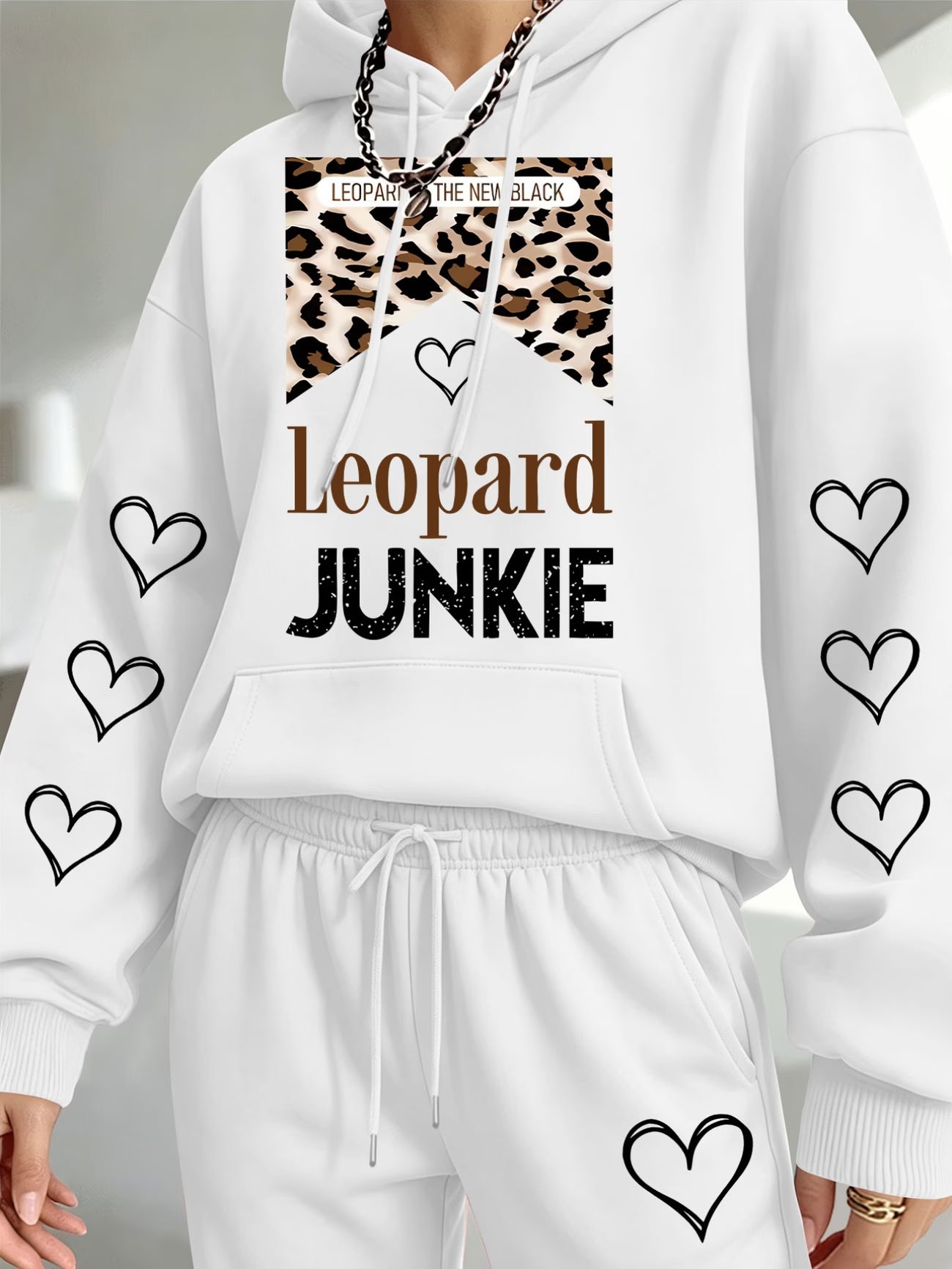 Leopard Junkie Heart Print Hooded Sweatshirt & Joggers Set