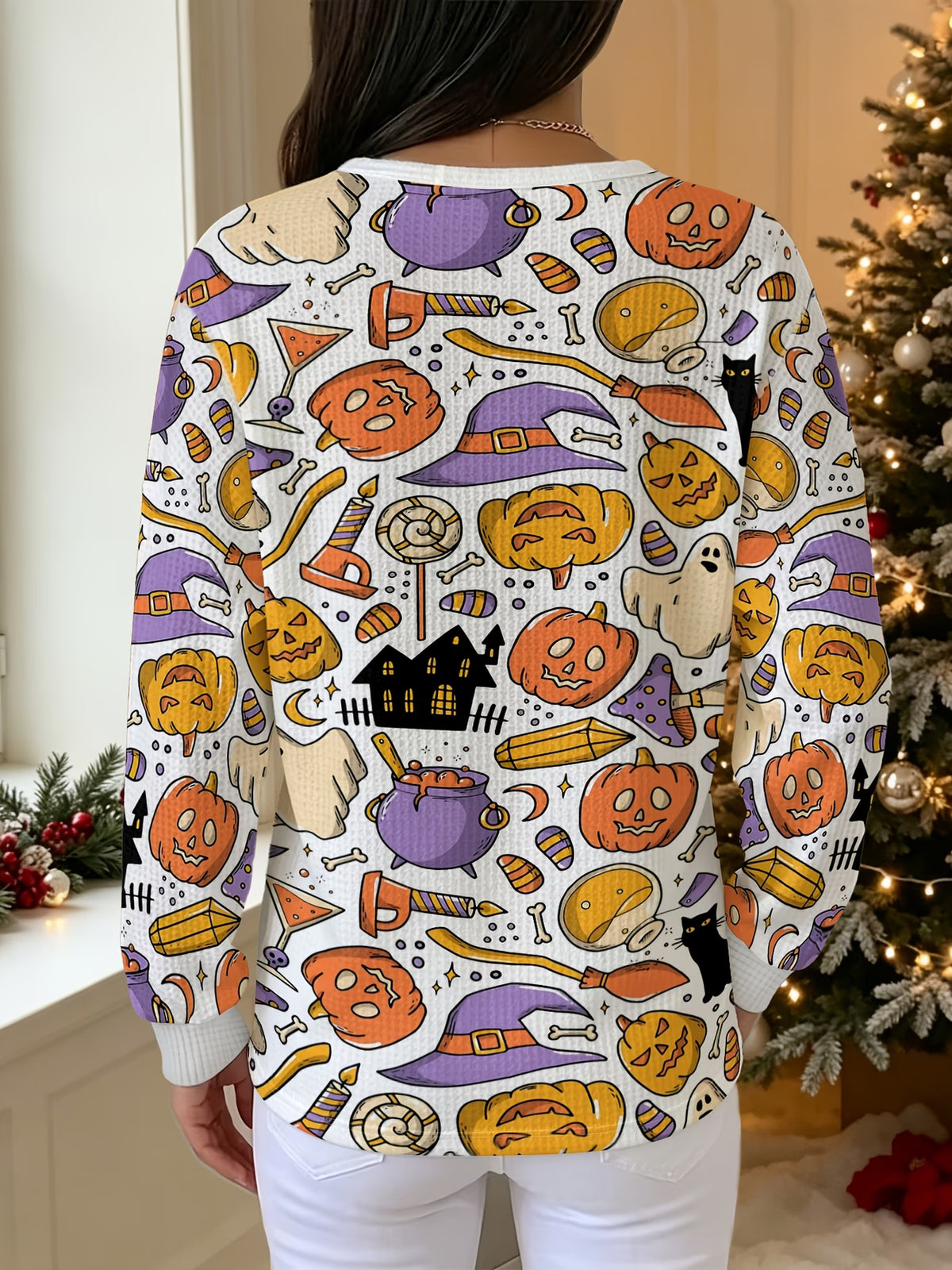 Women’s Halloween Sweatshirt with Pumpkin Graffiti Print