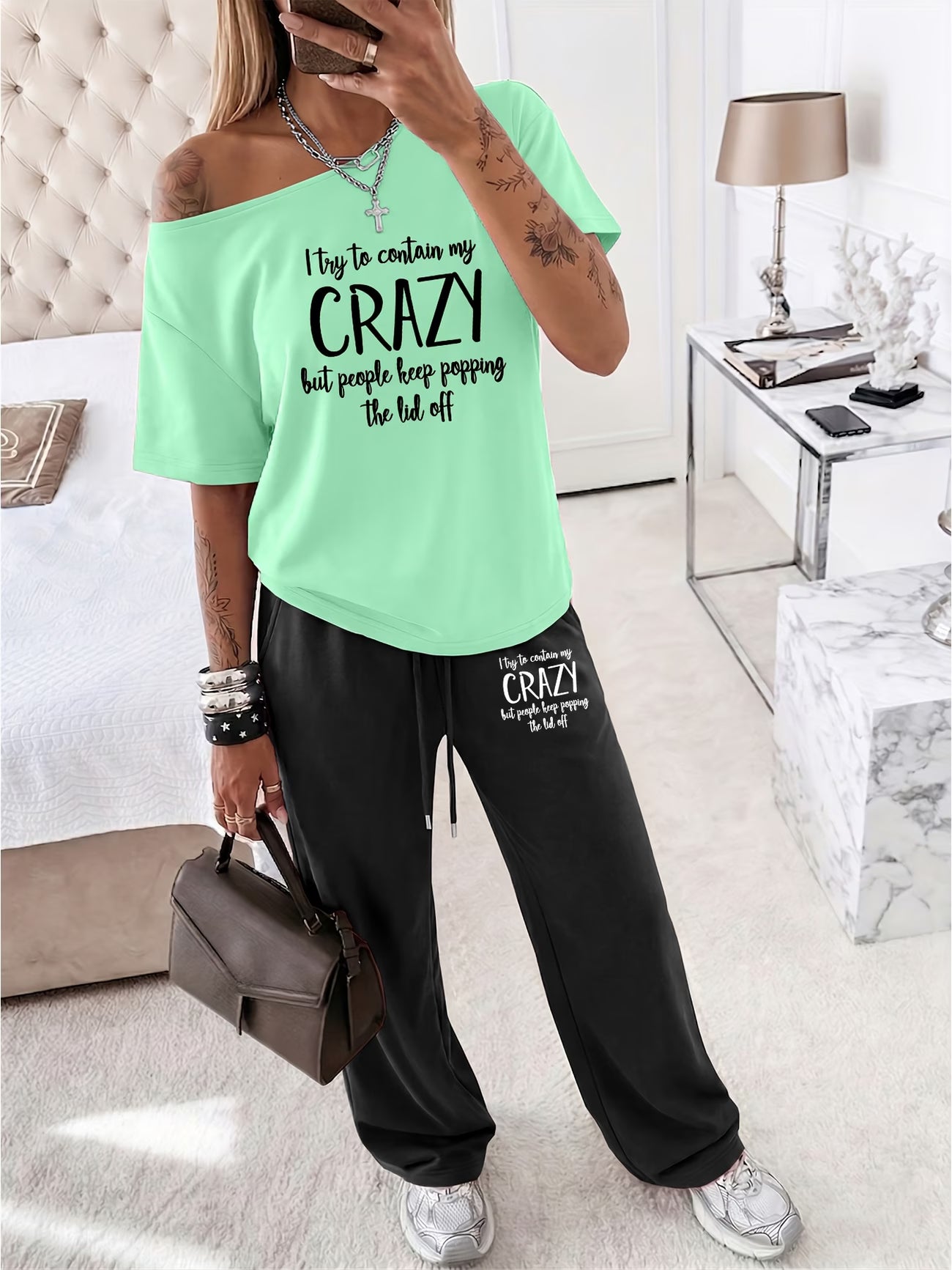 Off-Shoulder Short Sleeve Top & Wide Leg Trousers 2-Piece Co-ord Set