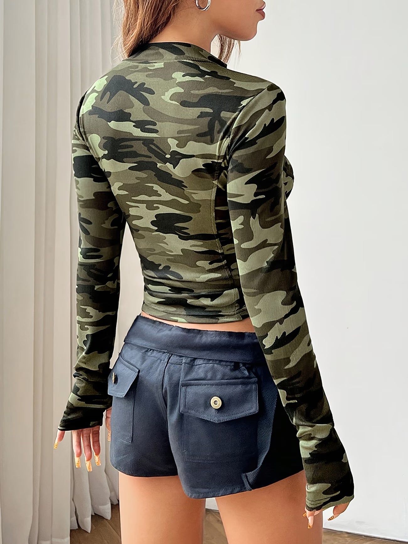 Camouflage Print Stand Collar Zip Slim Fit Jacket