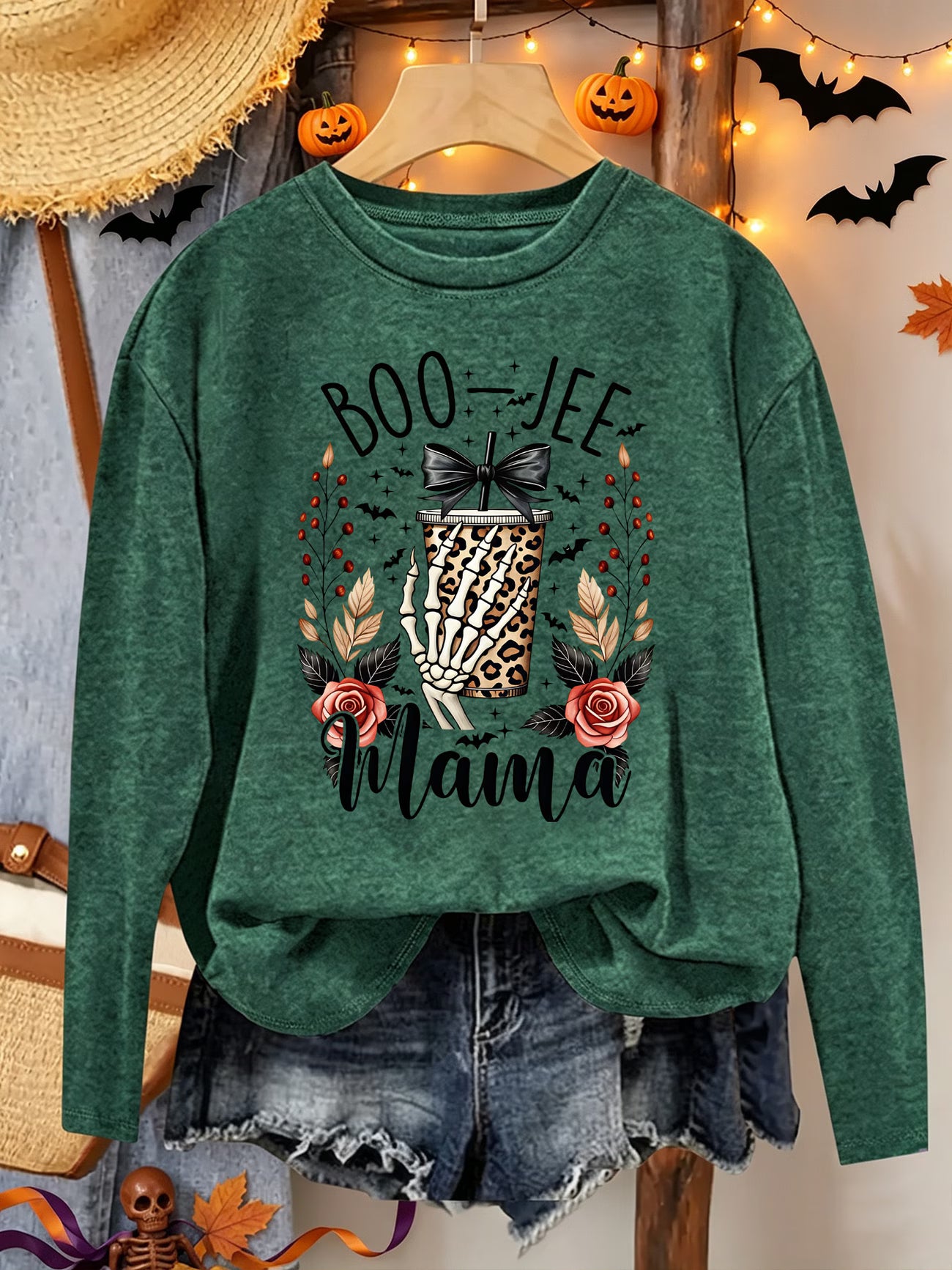 Boo-Jee Mama Skull Leopard Halloween Print Long Sleeve Top