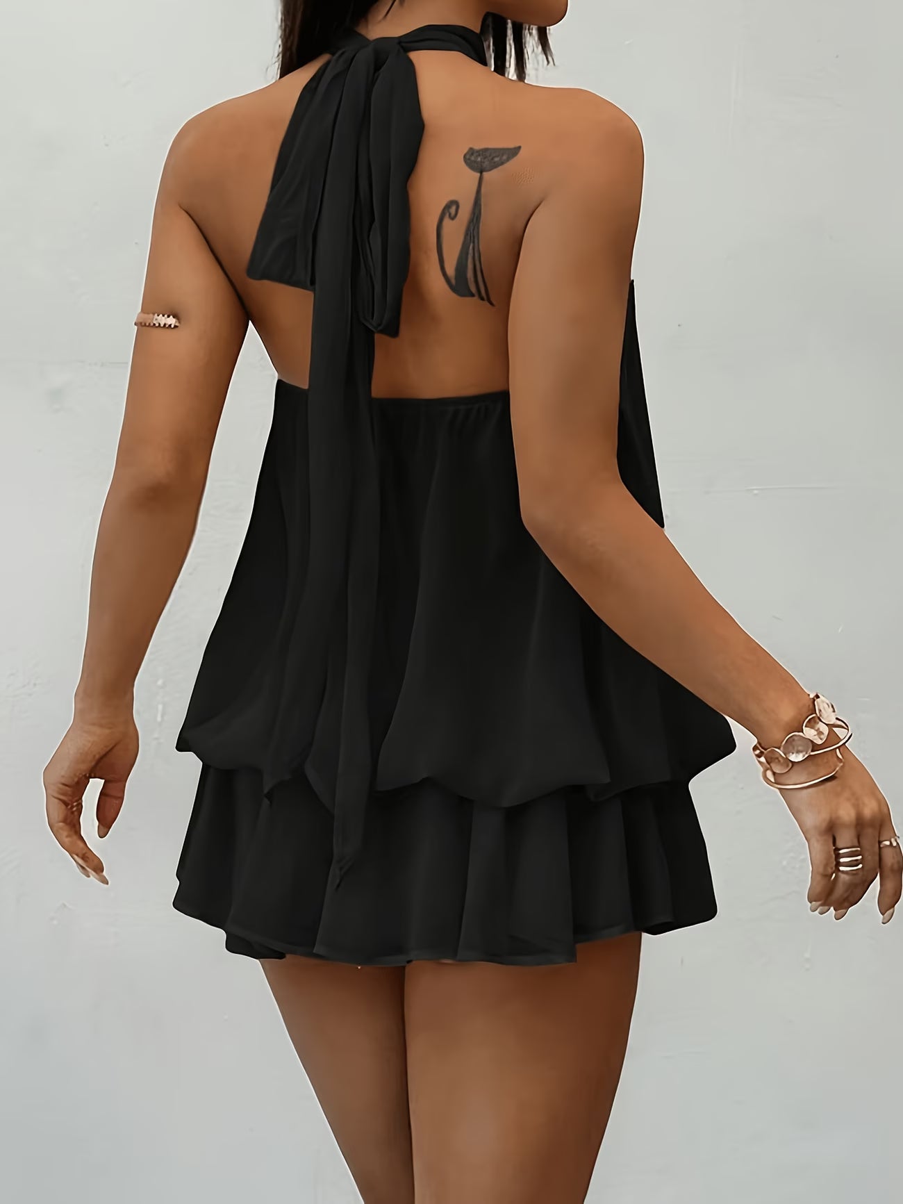Backless Halter Neck Mini Dress — Tie Waist Cinched