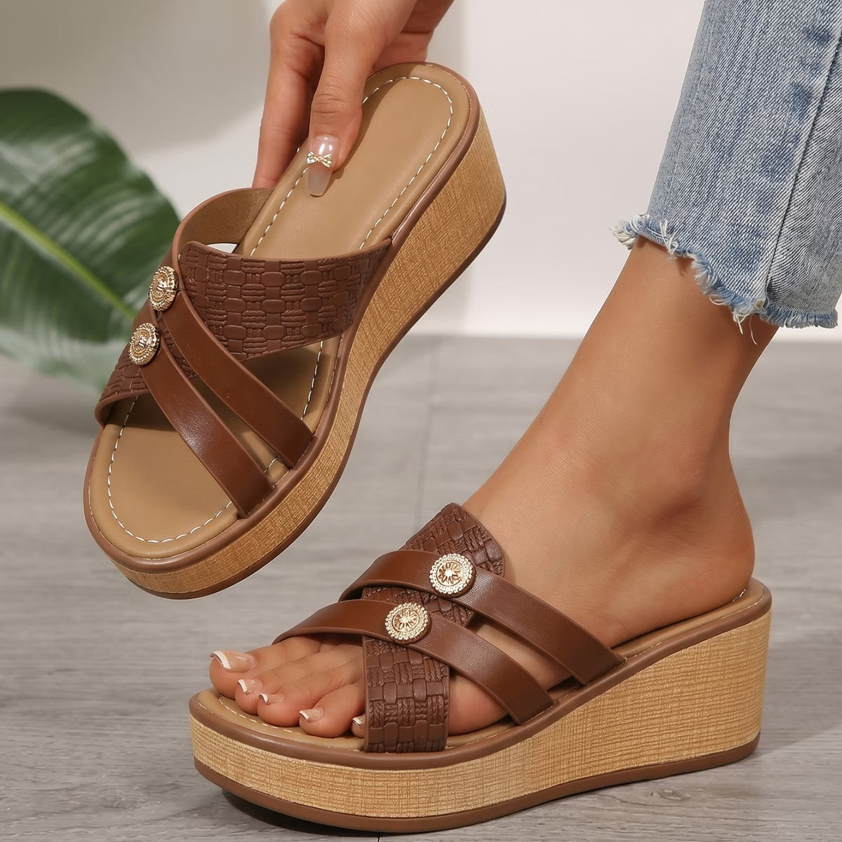 Cross-Strap Double Band Platform Sandals with Gold Accent