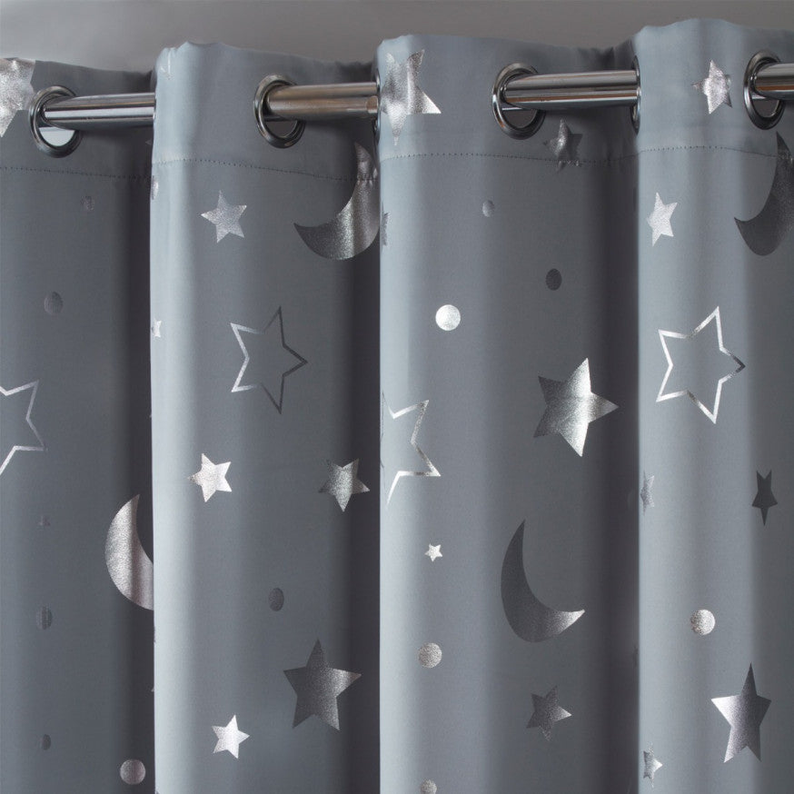 Star Galaxy Kids Eyelet Blackout Curtains - Silver Grey