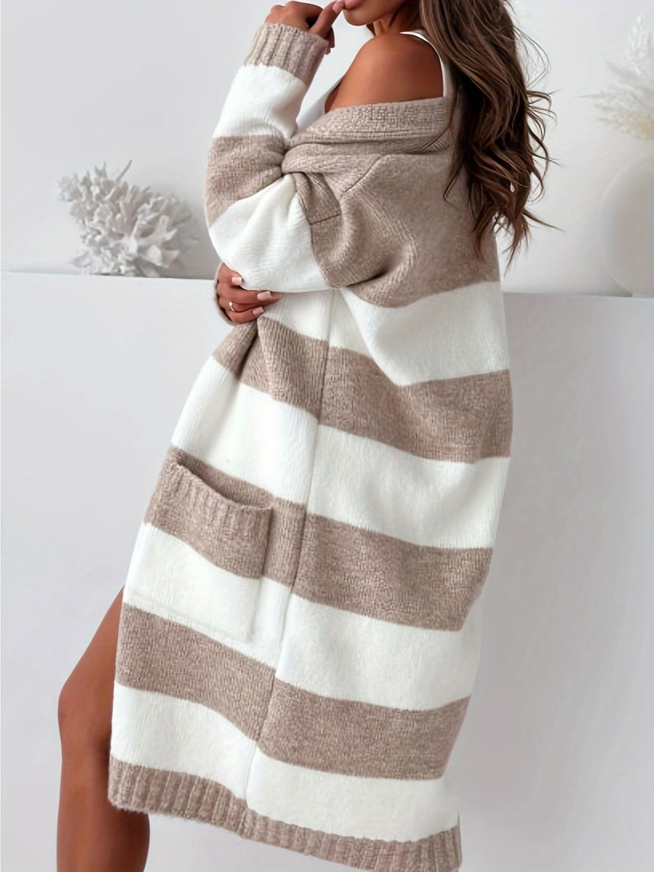 Women's Elegant Striped Cardigan – Long-Sleeve Contrast Coat