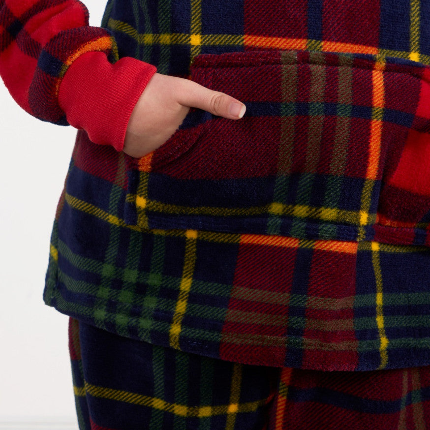Kids Oxford Check Fleece Hoodie Pyjama Set - Navy/Red