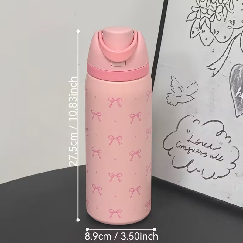 32oz Cute Pink Polka Dot Bow Print Insulated Water Bottle