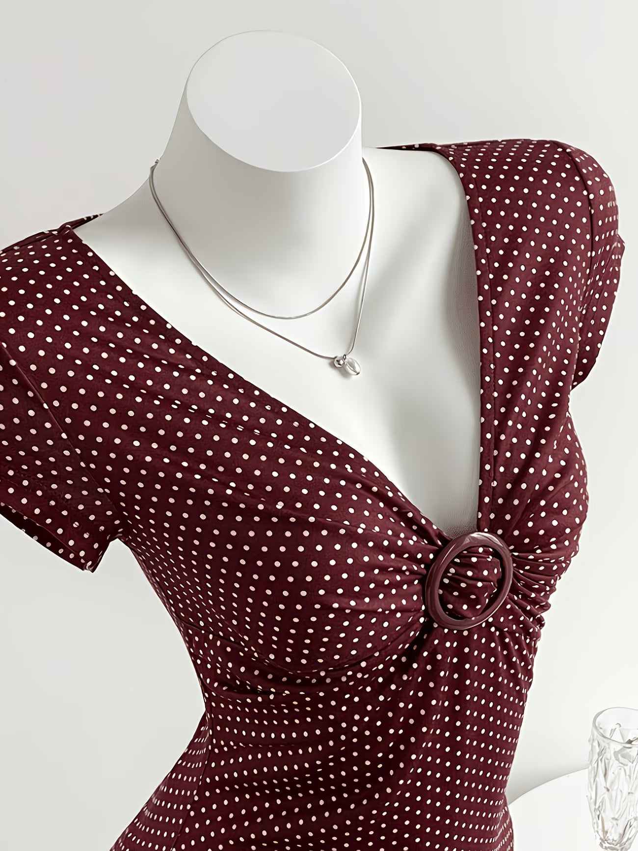Polka Dot V-Neck T-Shirt – Pleated Button-Detail