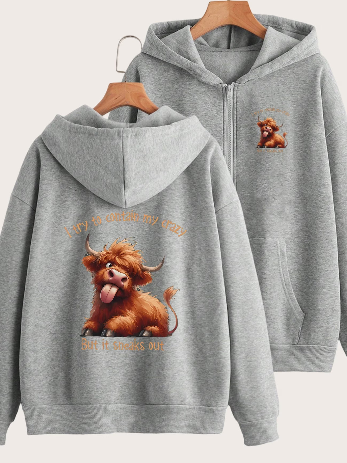 2-Pattern Cartoon Cow Print Y2K Zippered Hoodie with Hat