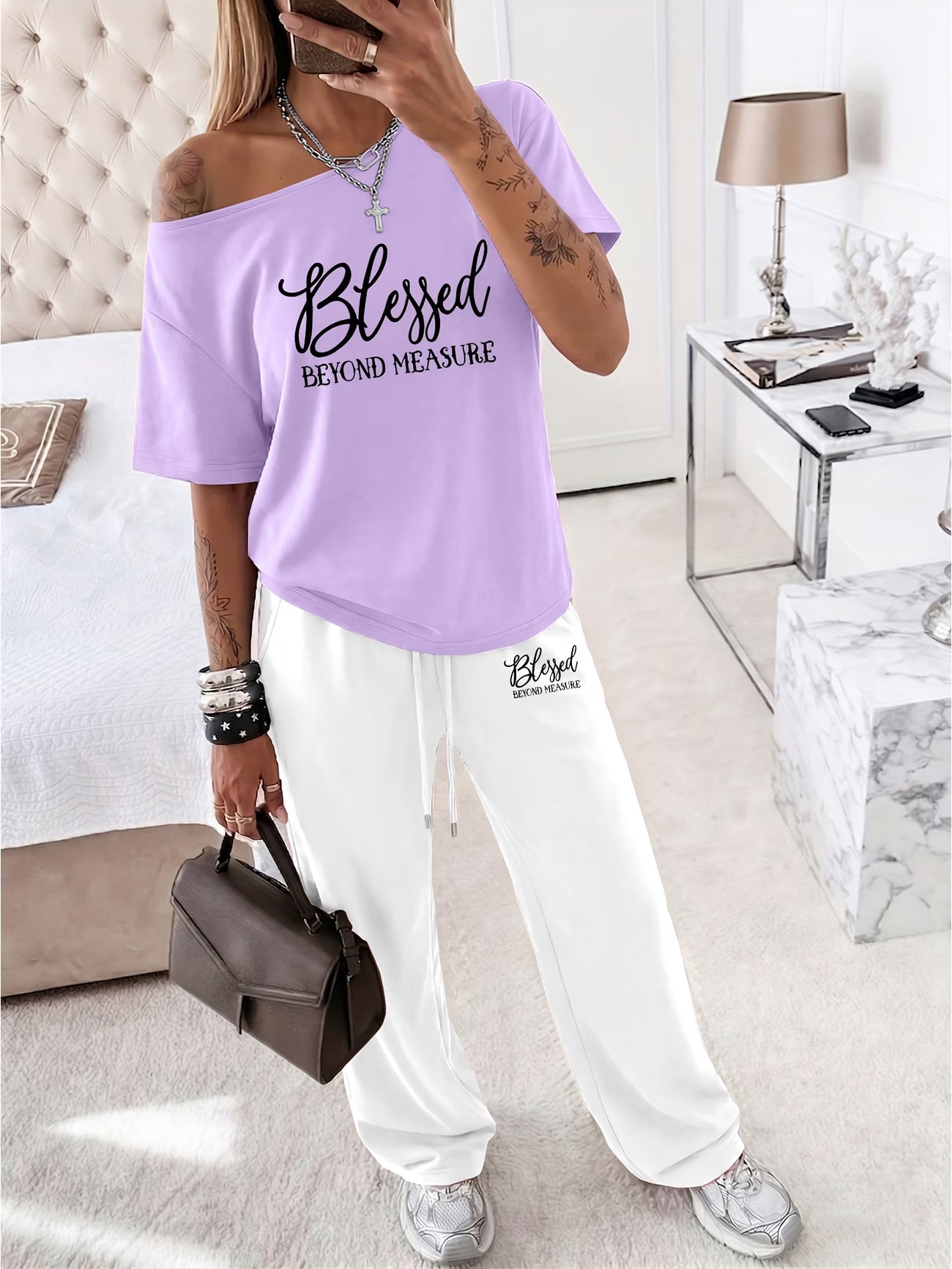 "Blessed Beyond Measure" Slogan Off-Shoulder Short Sleeve Top & Wide Leg Trousers Co-ord Set