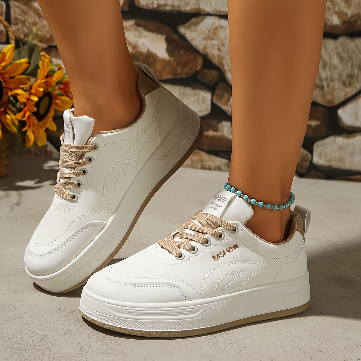 Spring White Platform Lace-Up Sneakers