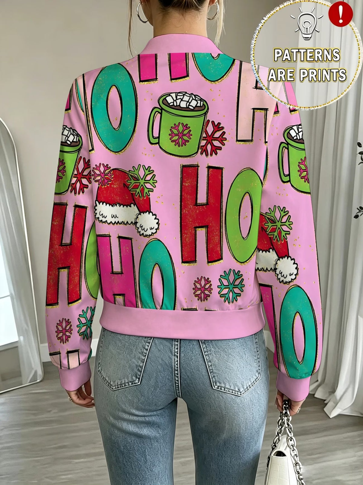 Women's Pink Christmas HOHO & Hot Cocoa Print Zip-Up Jacket