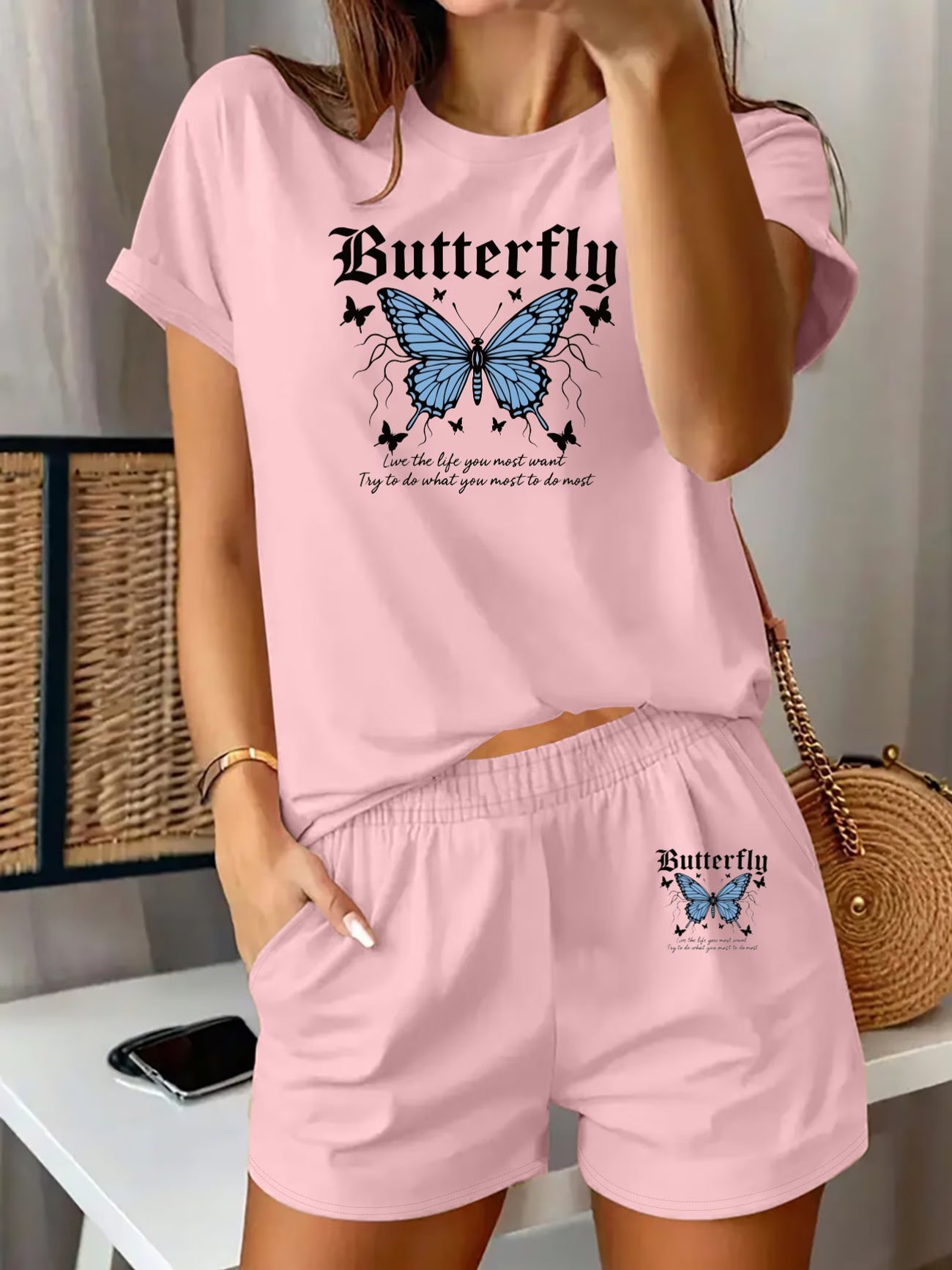 Blue Butterfly & Elegant Text Print Two-Piece Set – Round Neck Tee & High-Waist Shorts