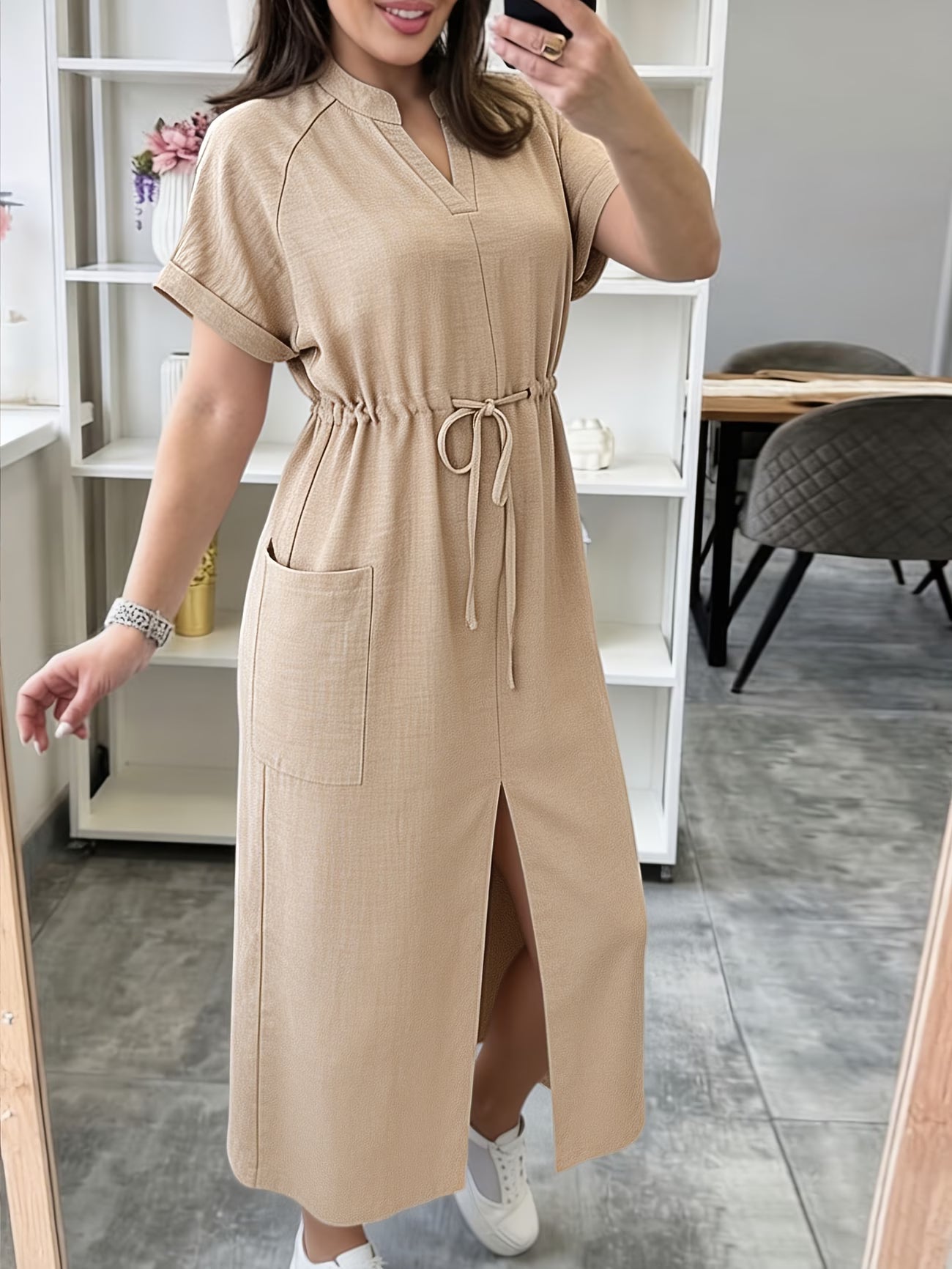Women's Casual Khaki Stand Collar V-Neck Drawstring Waist Dress with Short Sleeves & Front Slit