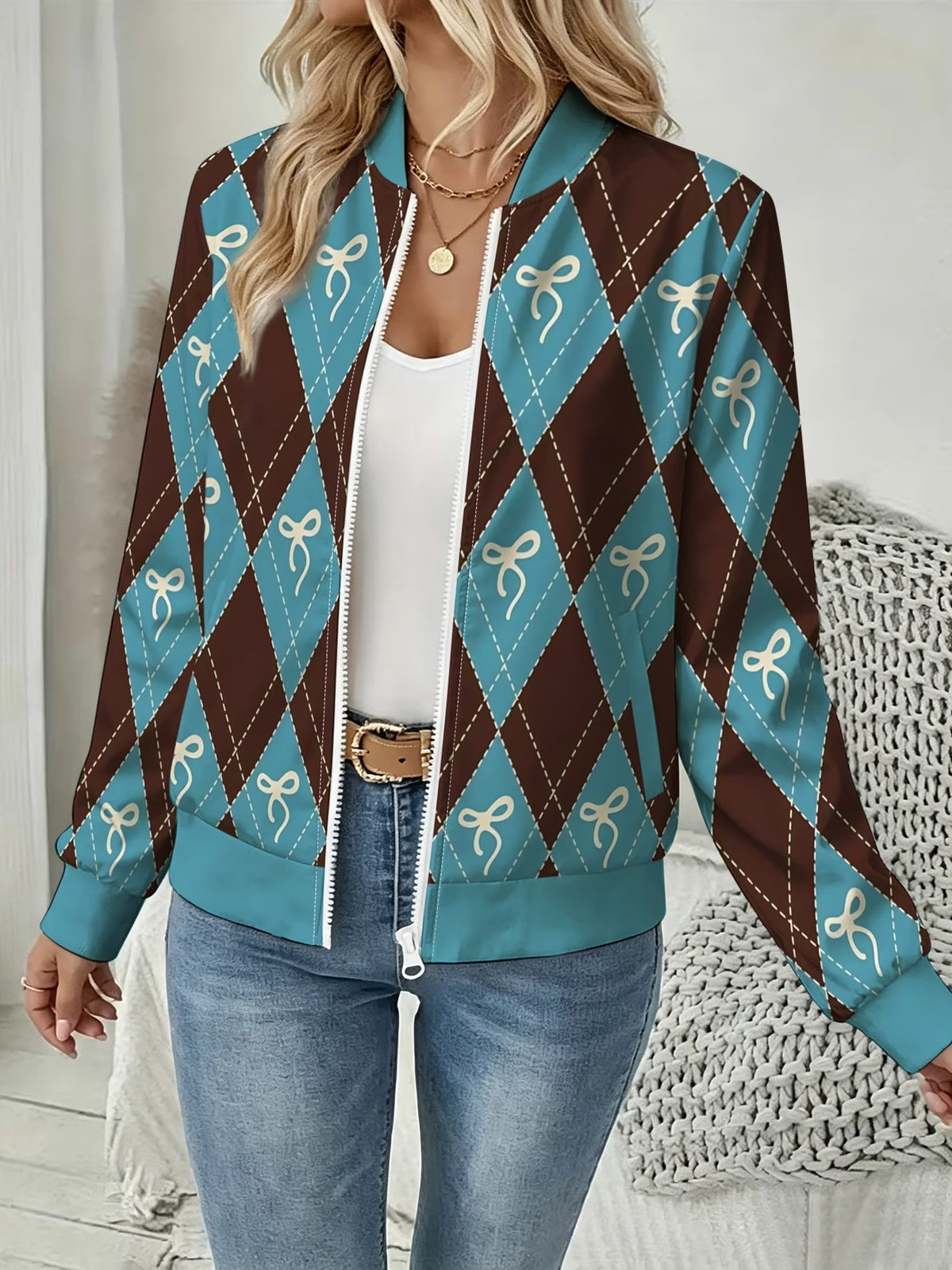 Women's Brown & Blue Diamond and Bow Print Zip-Up Jacket