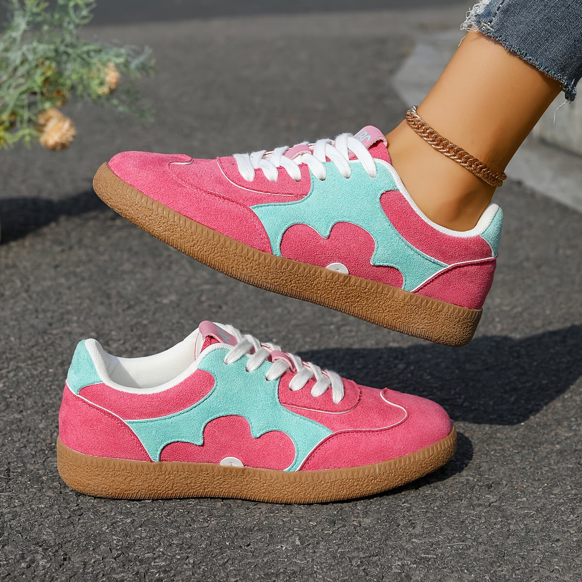 Women's Pink & Mint Green Colorblock Sneakers | Floral Petal Low-Top Trainers