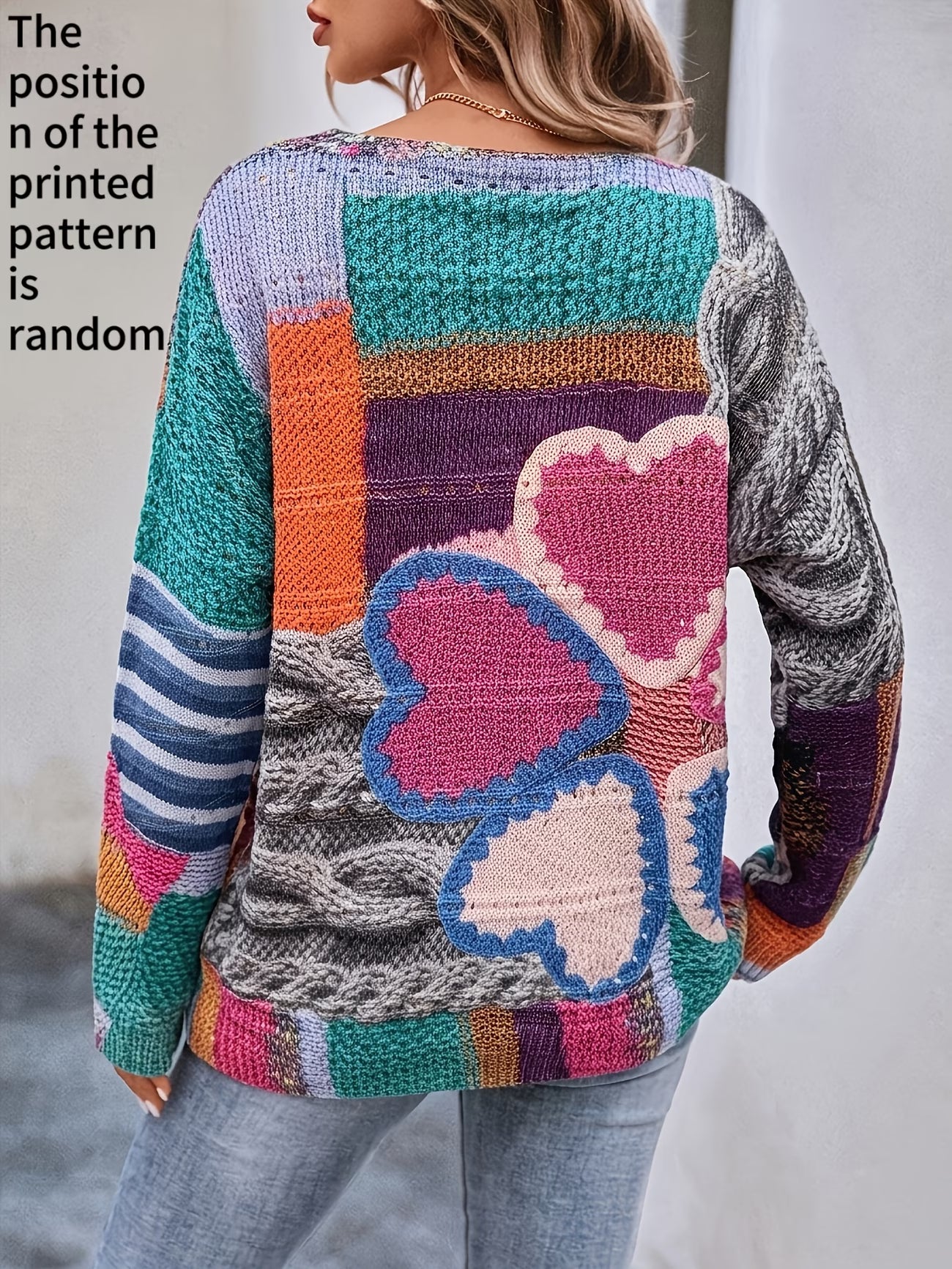 Women's Off-Shoulder Twisted Rope & Heart Print Sweater