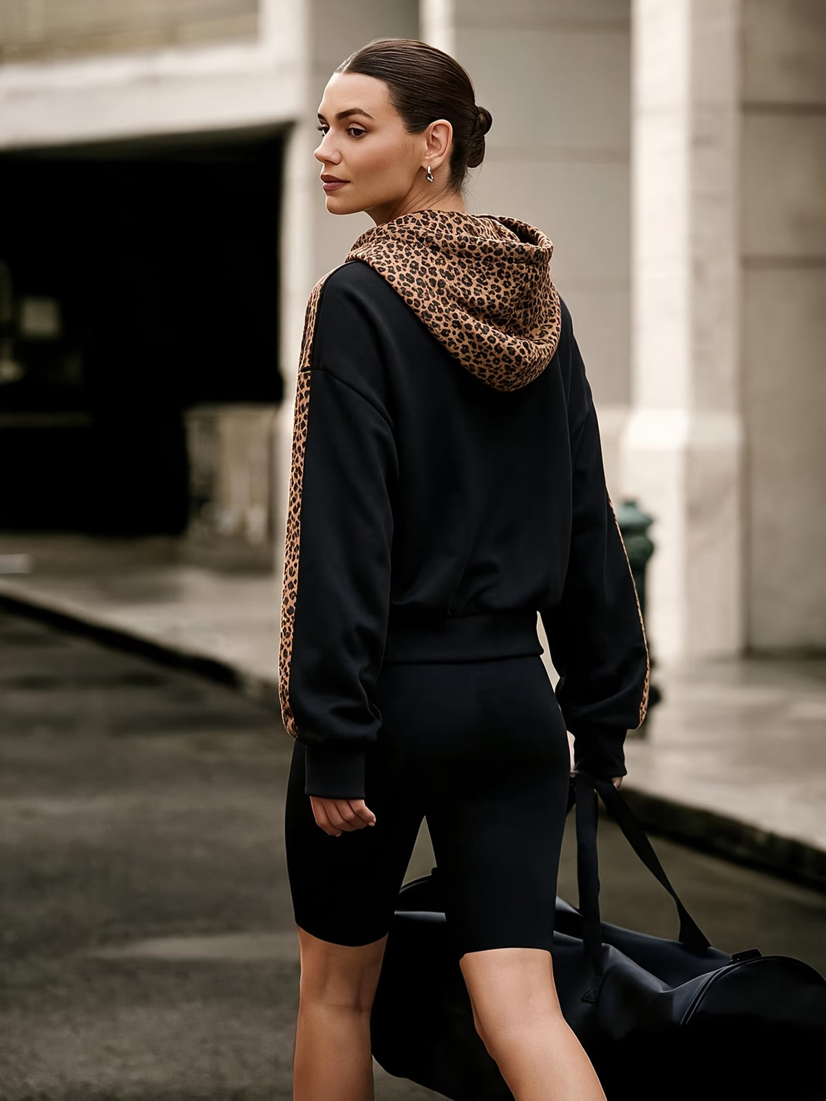 Women's Leopard Print Hoodie with Kangaroo Pocket