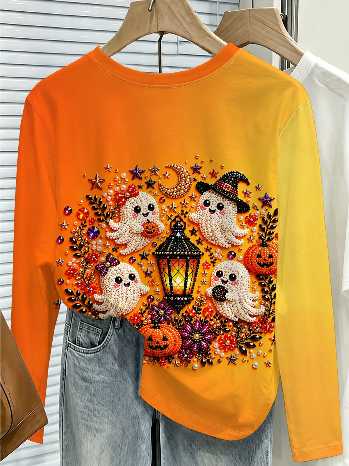Women's Halloween Pumpkin & Faux Pearl Print Long Sleeve Top