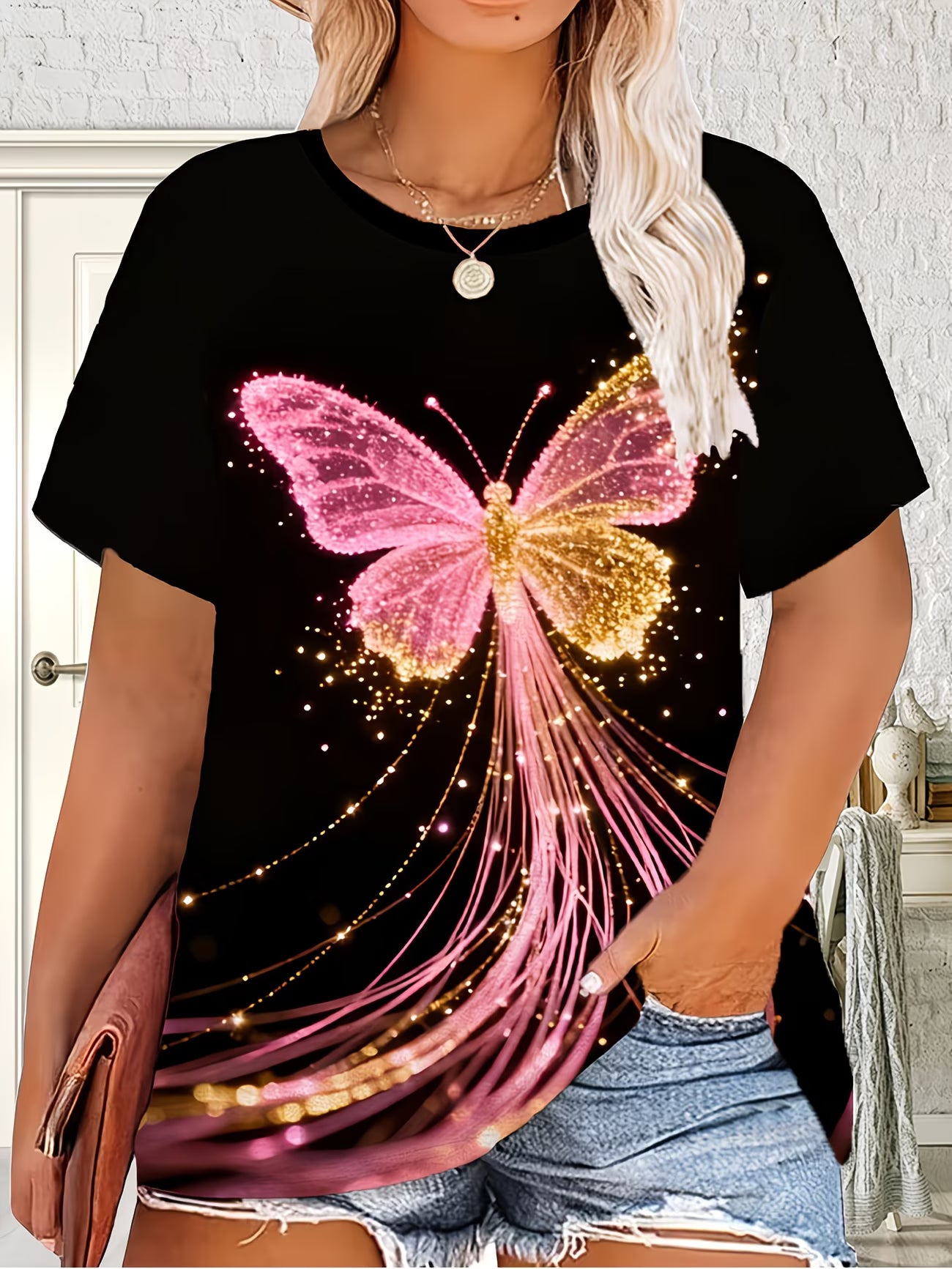 Colourful Butterfly Print T-Shirt — Plus Size