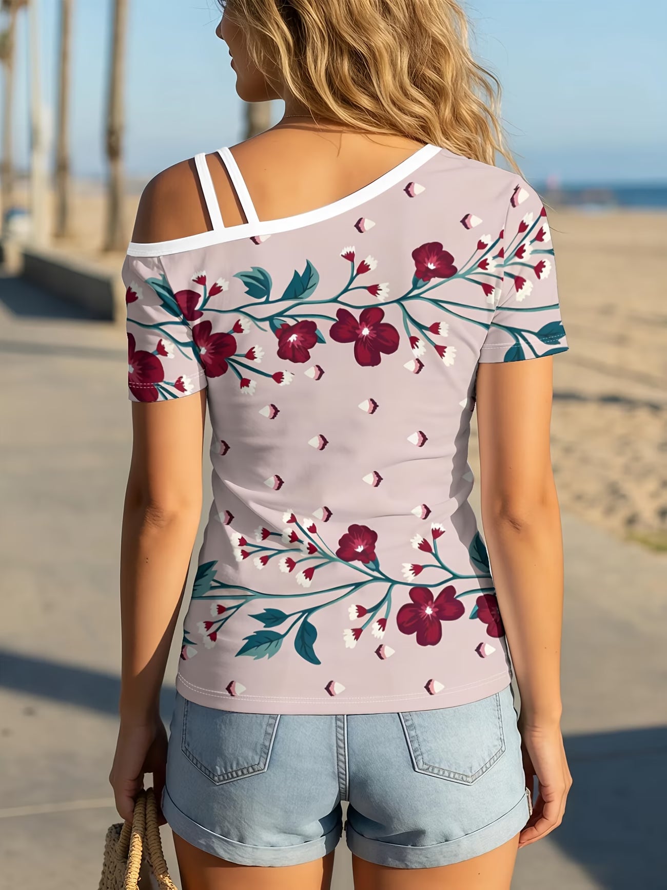 Vintage Red Floral Vine Women'S Single Shoulder Short Sleeve T-Shirt with Unique Asymmetrical Design And Trendy Prints