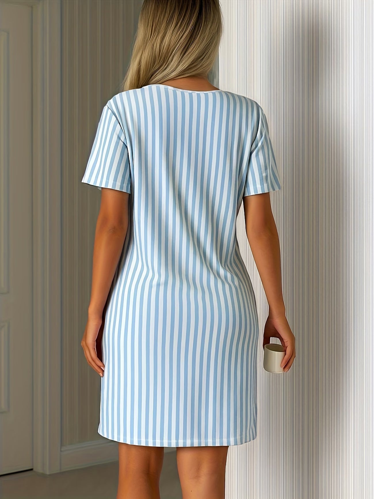 Striped Round Neck Letter & Cherry Print Short Sleeve Nightgown