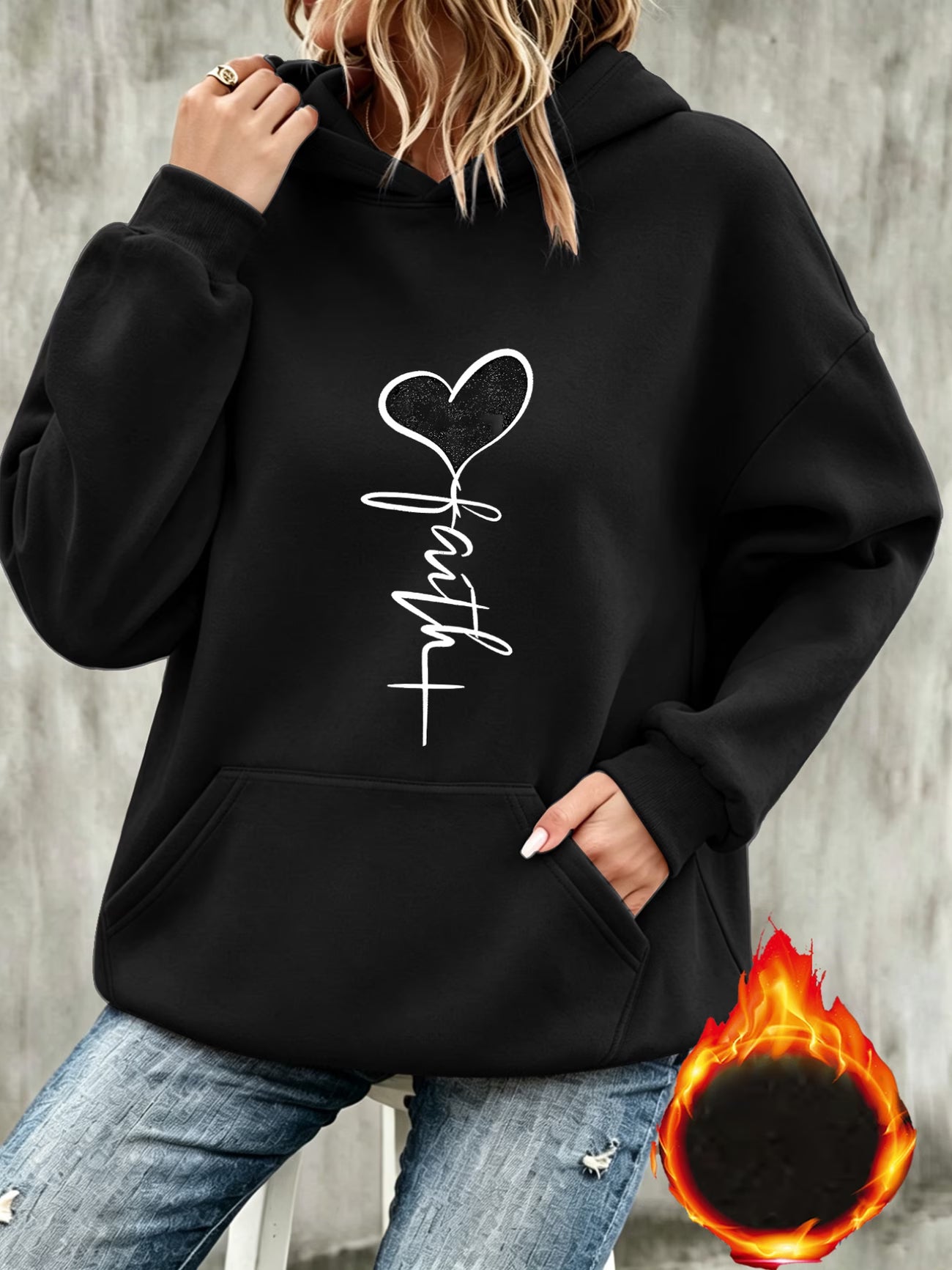 Fashionable Hooded Sweatshirt – Heart Pattern & White Cursive Text