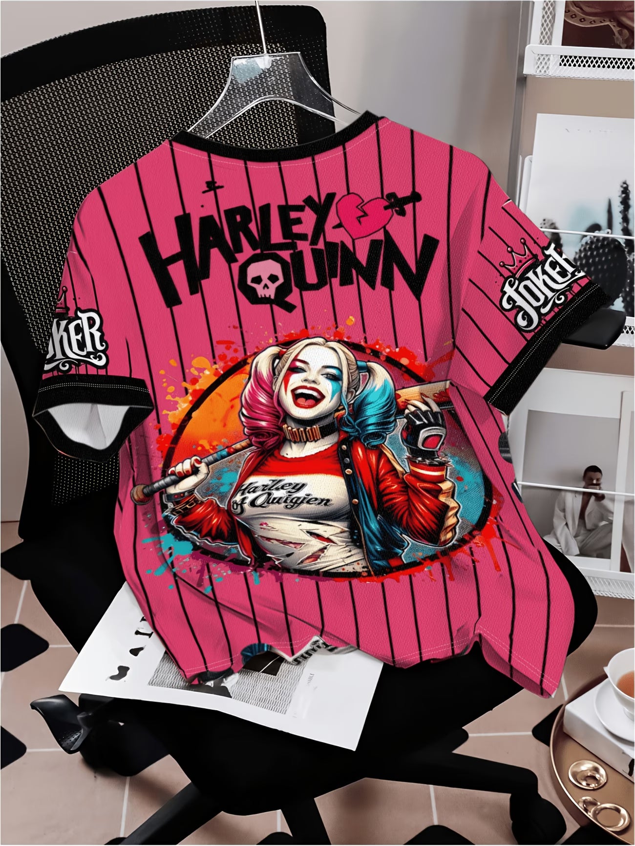 Harley Quinn Street Graffiti-Style Women's V-Neck T-Shirt with Bright Striped Short Sleeves