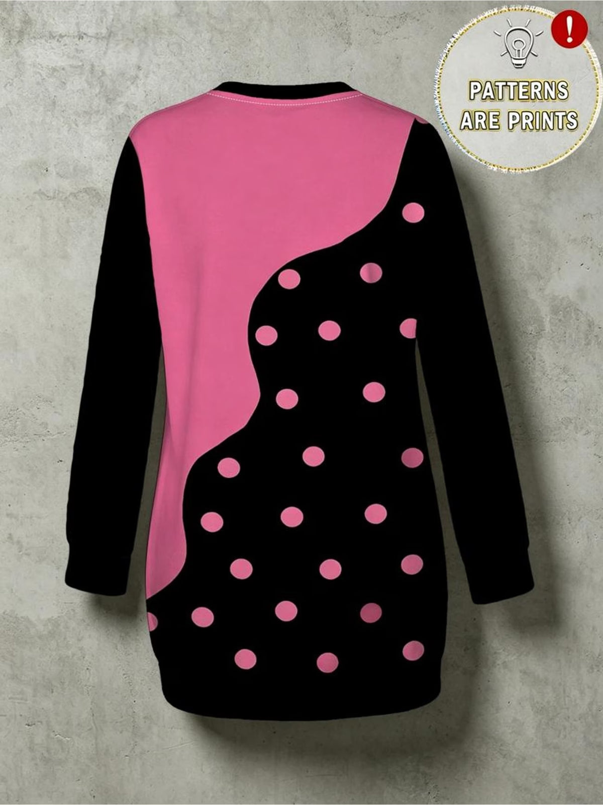 Women's Black & Pink Wave Splice Polka Dot Print Longline Sweatshirt