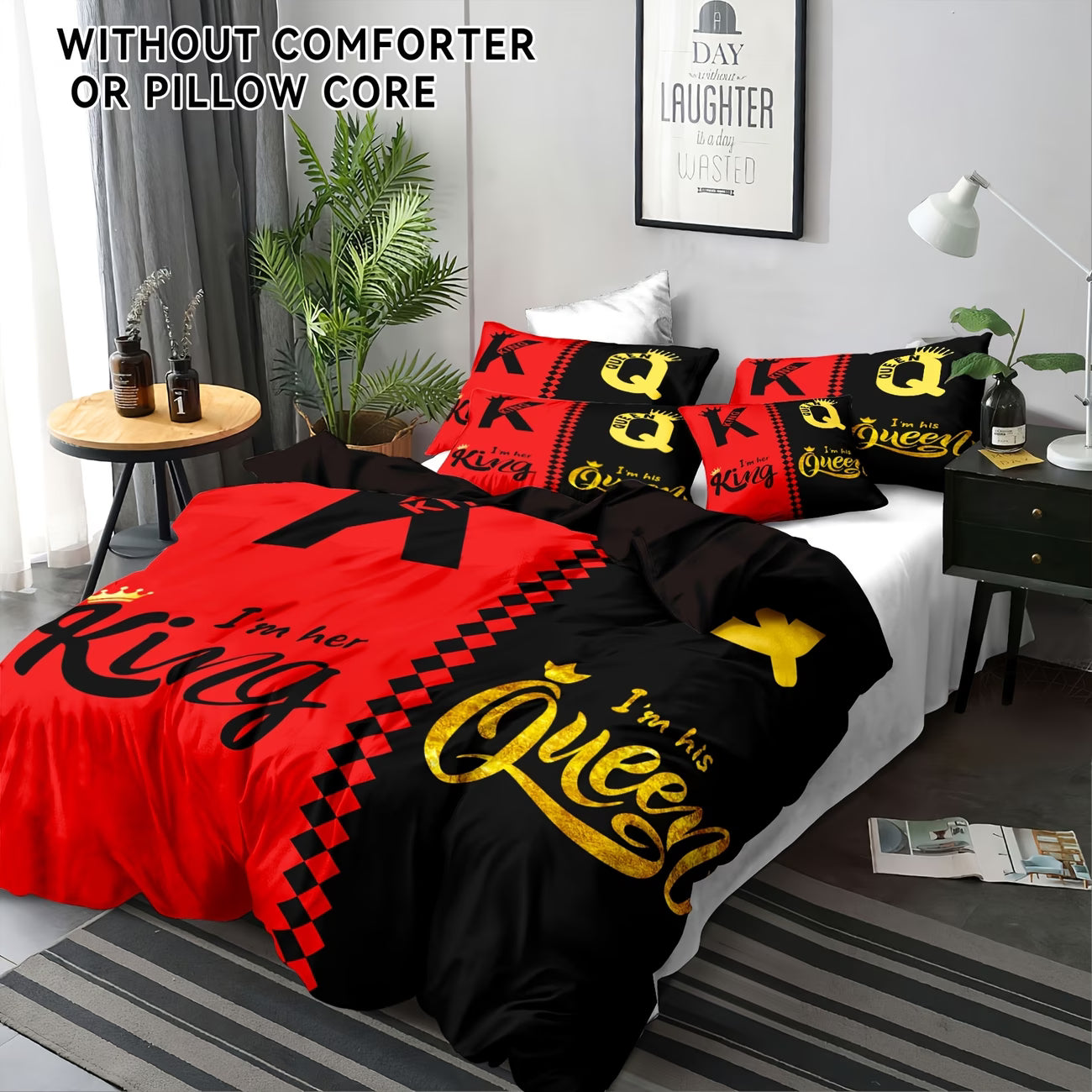 Valentine's Day Crown Print Duvet Cover Set – 3pcs, Black & Grey Design (Insert Not Included)