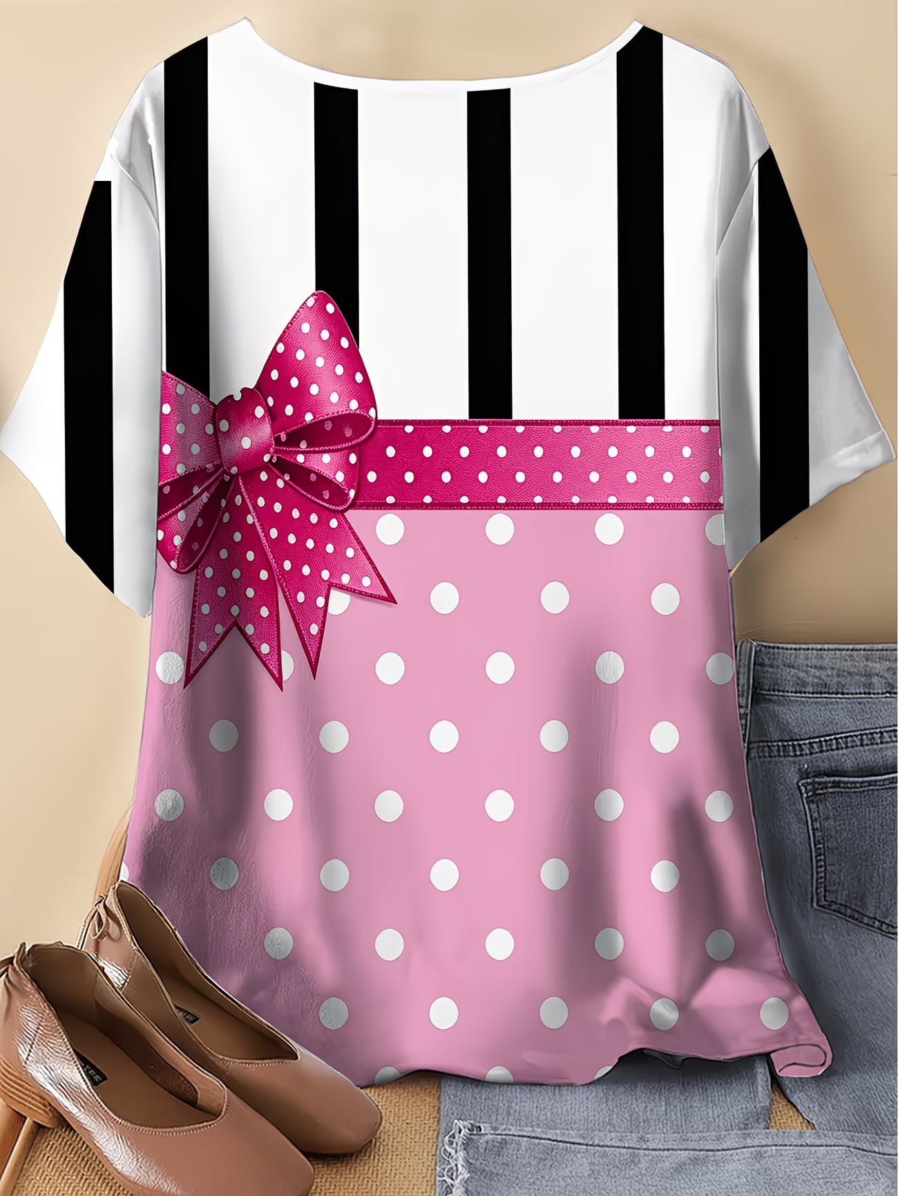 Vertical Stripe Bow Print Top — Plus Size