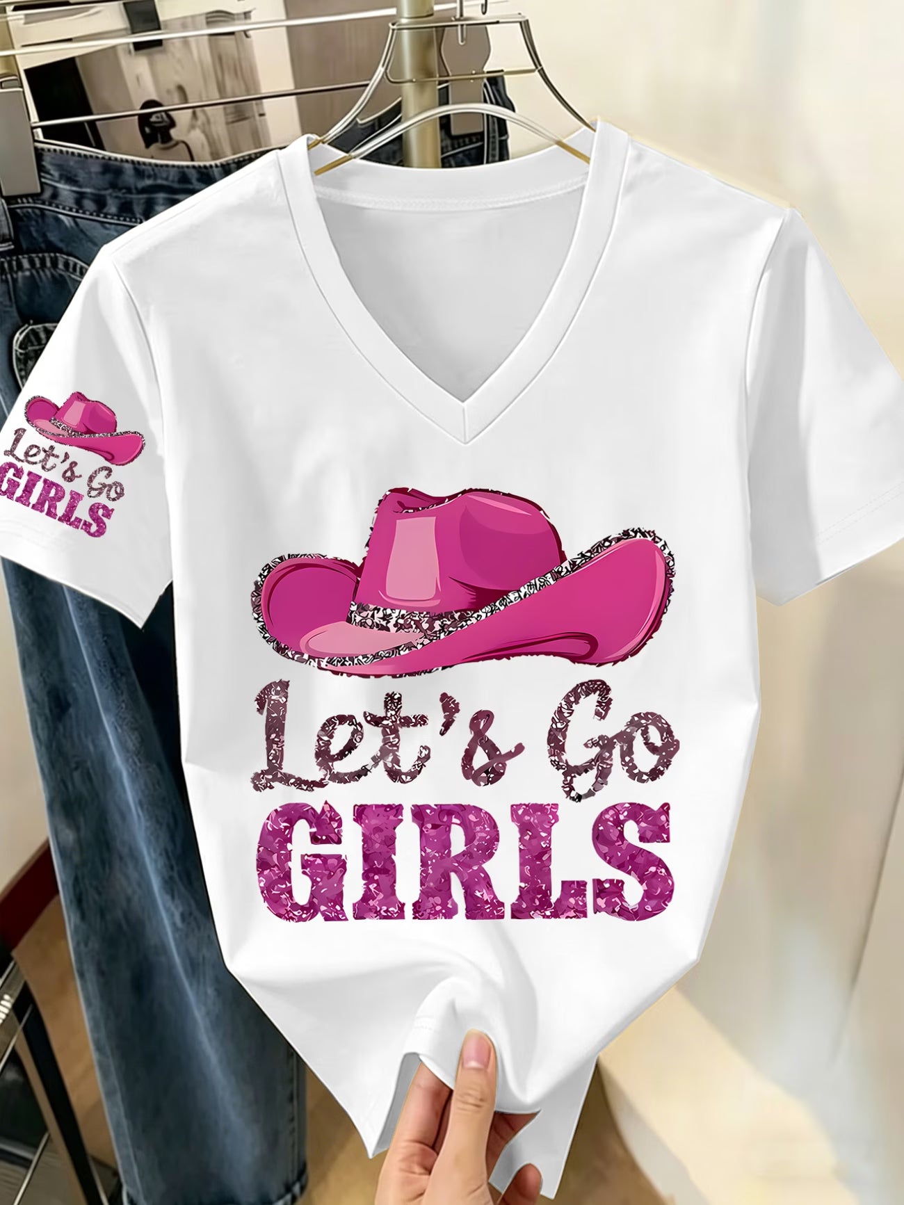 Summer V-Neck T-Shirt | Denim Hat Pattern Print | 'Let's Go' Slogan