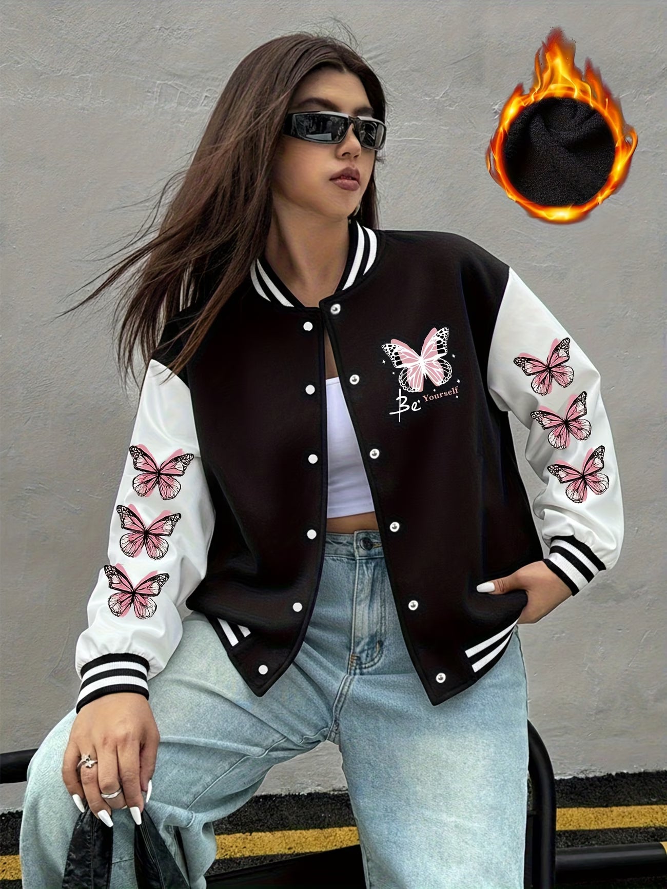 Women's Vintage Pink Butterfly print Baseball Jacket