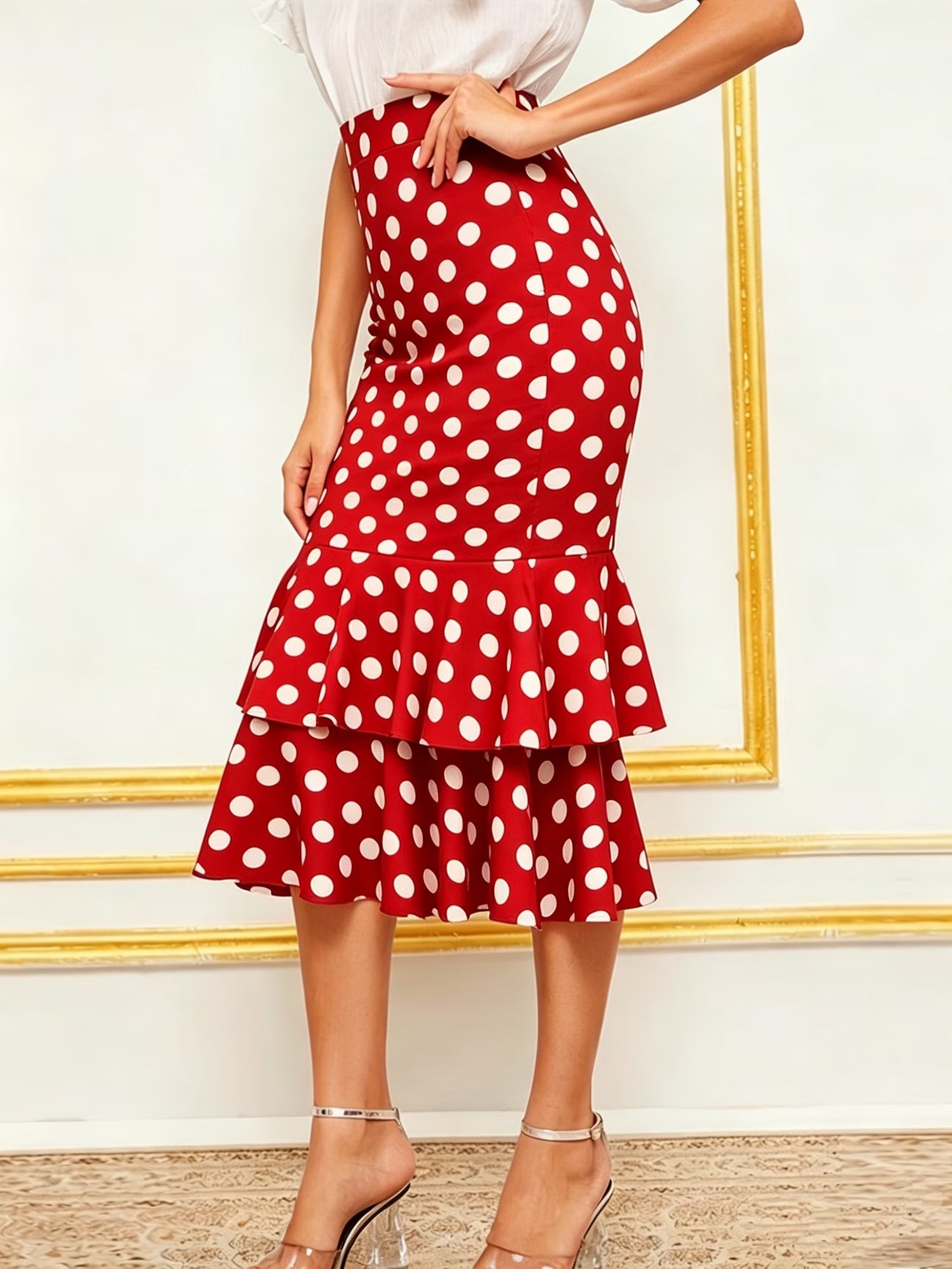 Polka Dot Tiered Fishtail Skirt with Ruffled Hem & Elastic Waistband
