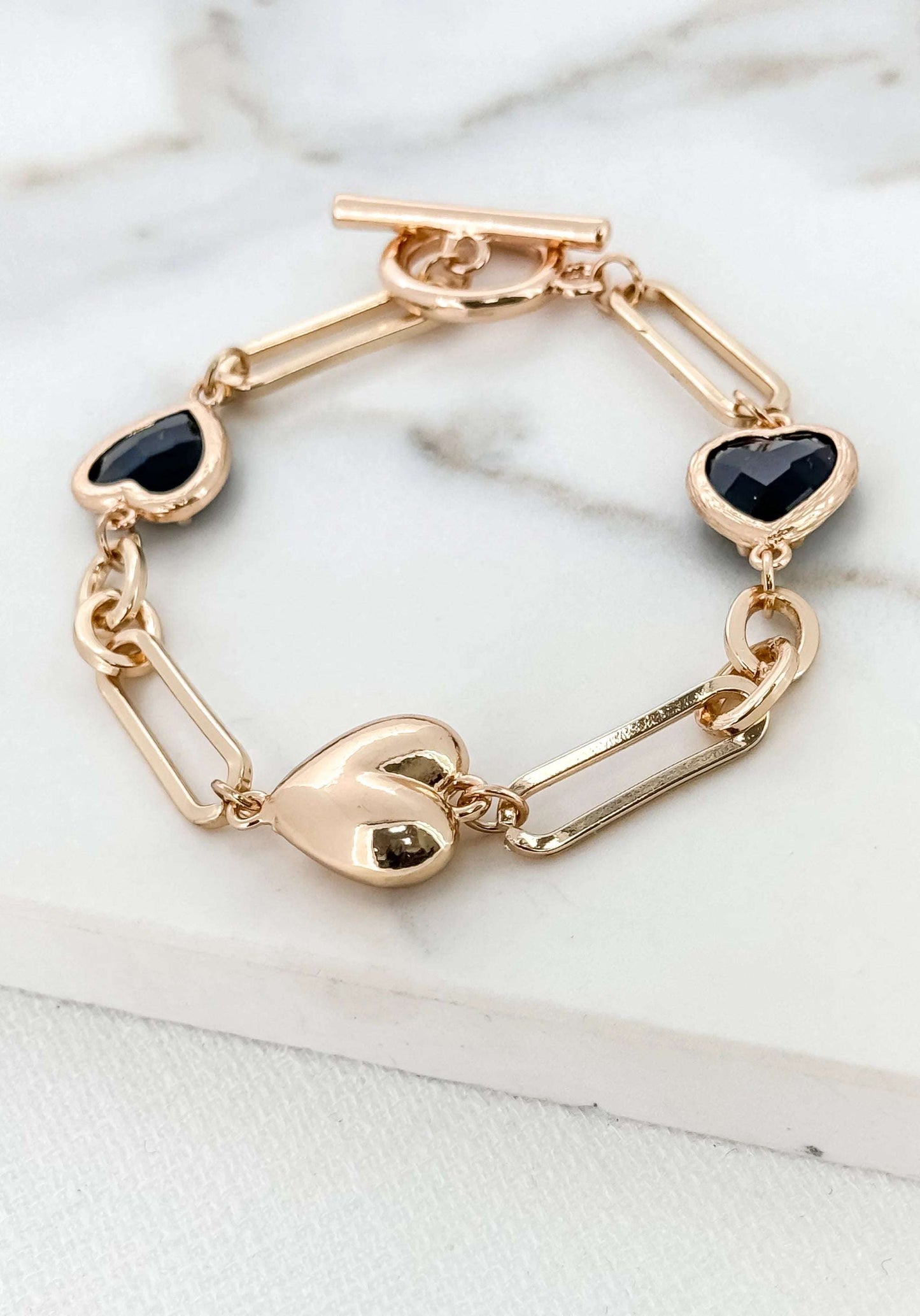 Gold & Black Glass Heart T-Bar Bracelet