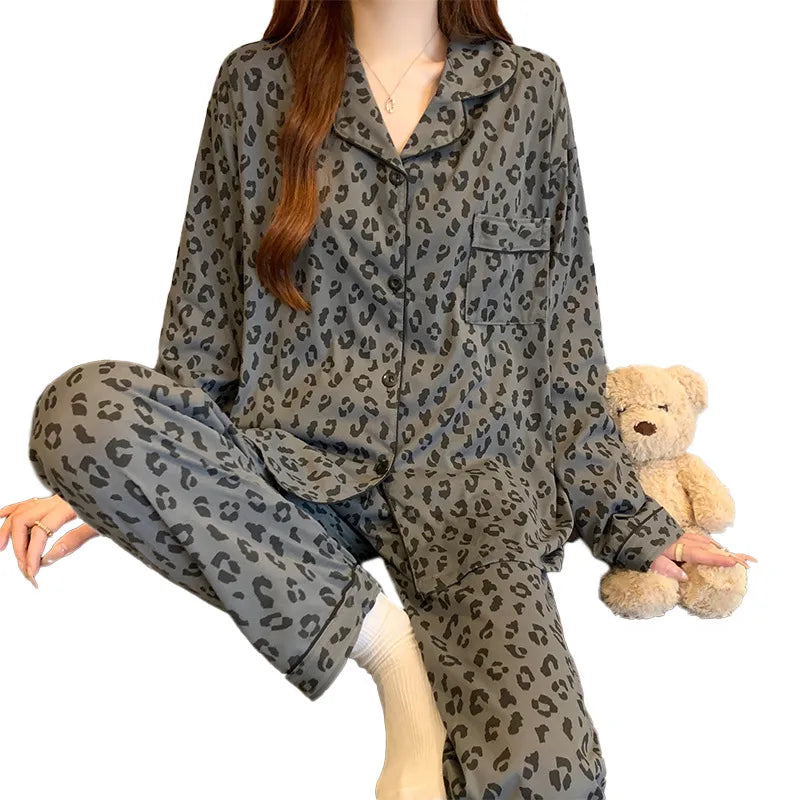 Gray Leopard Print Women's Sleepwear Long Sleeve Home Clothes Set New Style Simple Cotton Simulation Cardigan Spring New Arrival