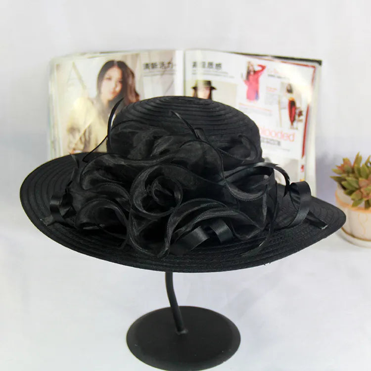 women's vacation solid color gauze flower wide eaves straw hat