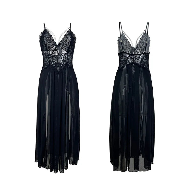 New Pearl Trimmed Backless Sleep Dress Multicolored Sexy Mesh Side Slit Seductive Strap Gown Irresistible Summer Nightgown