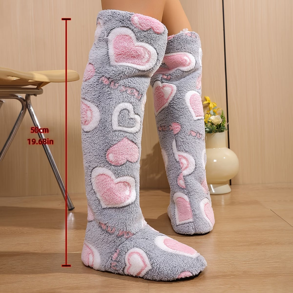 Women's Over-the-Knee Slipper Socks – Soft Sole & Heart Design