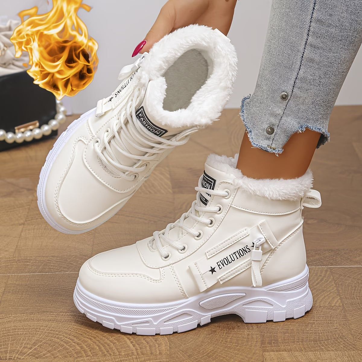 Women's Warm Lace-Up Winter High Top Sneakers with Fluffy Trim & Platform Sole