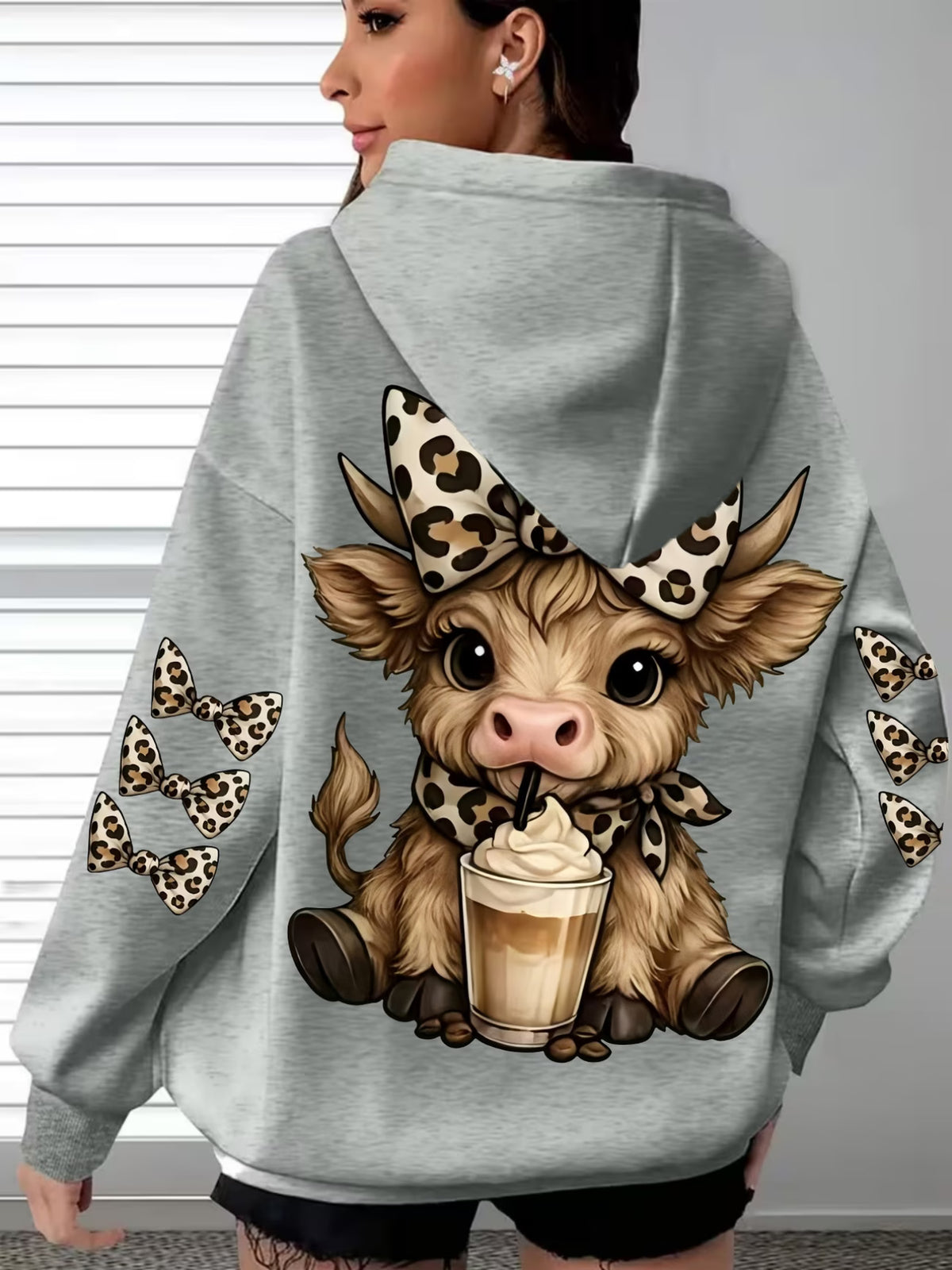 Casual Hooded Leopard Print Bow Highland Cow Print Sweatshirt
