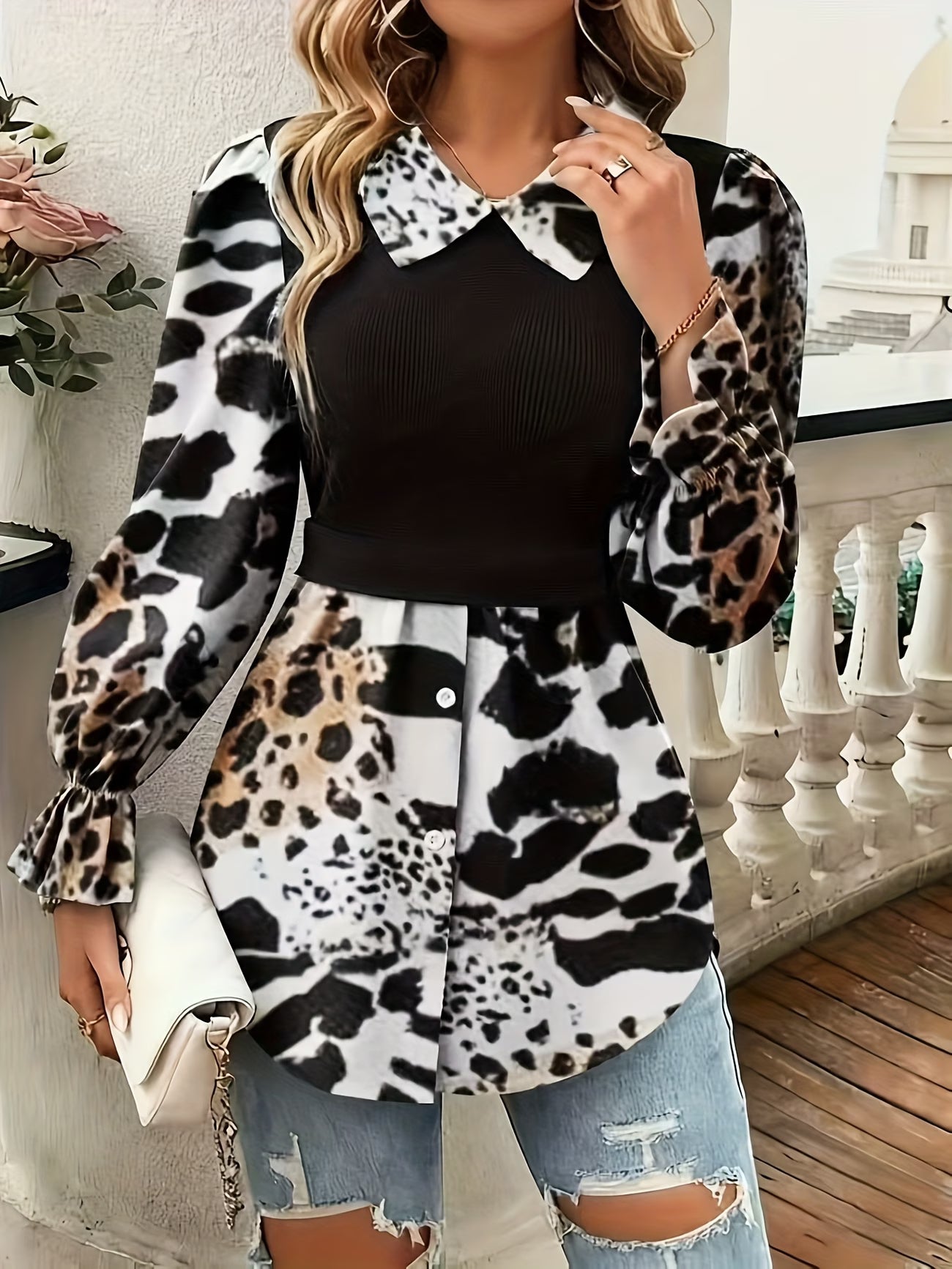 Ladies' Leopard Print Long Sleeve Shirt