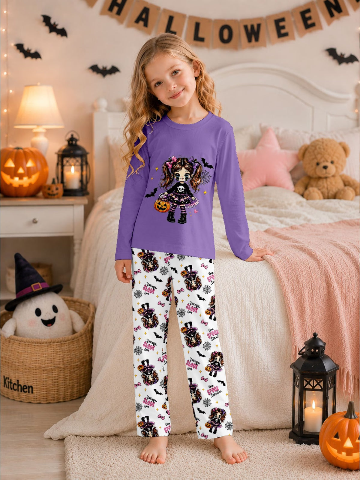 Girls’ Halloween Skull Print Long-Sleeve Pyjama Set