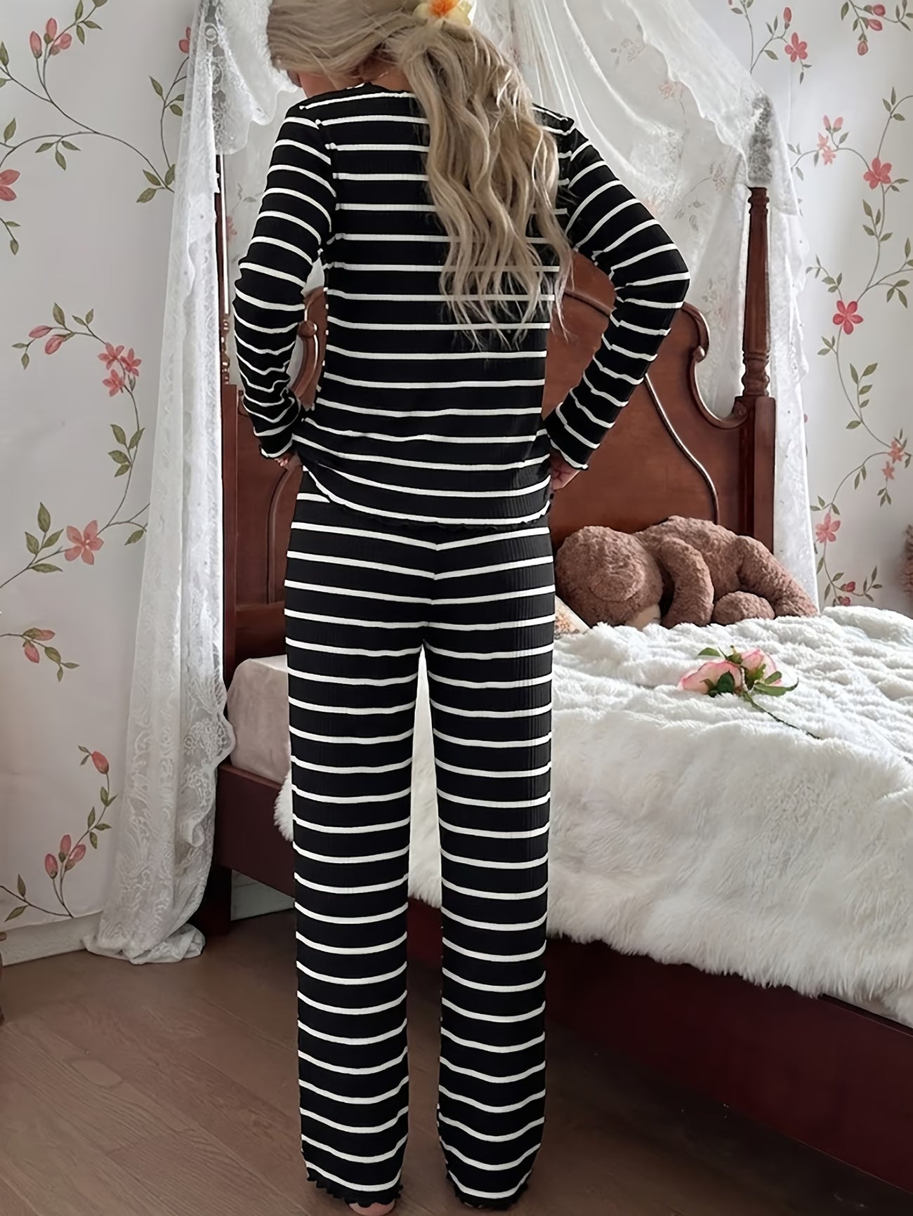 2pcs Premium Ribbed Pajama Set | Black & White Stripe Crew Neck Top & Lounge Pants