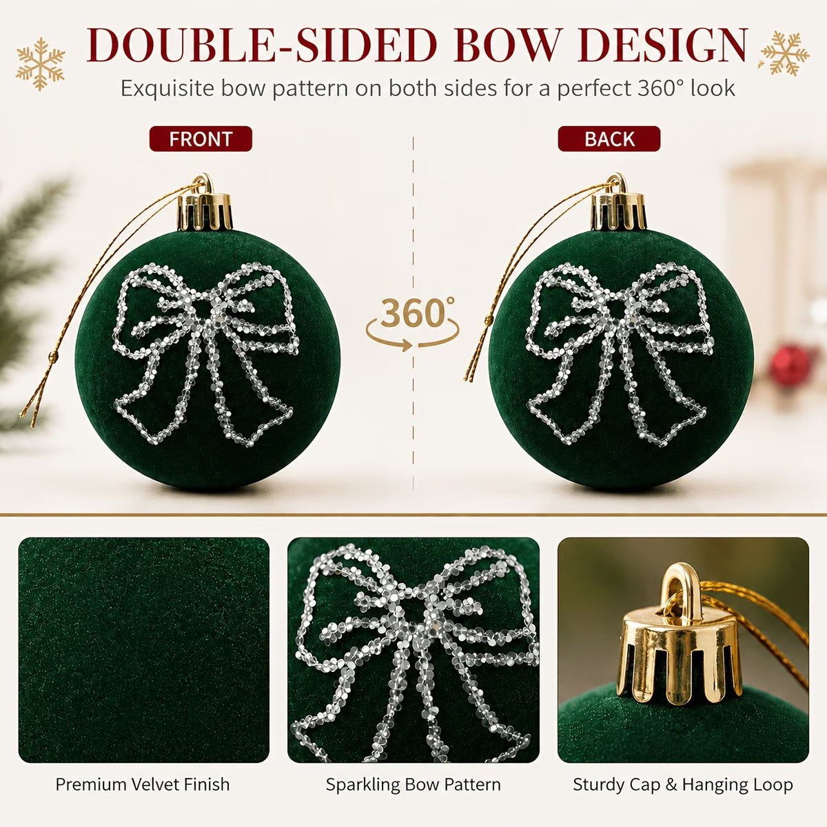 Dark Green Velvet Christmas Balls - 6cm, 4pcs with Rhinestone Bow