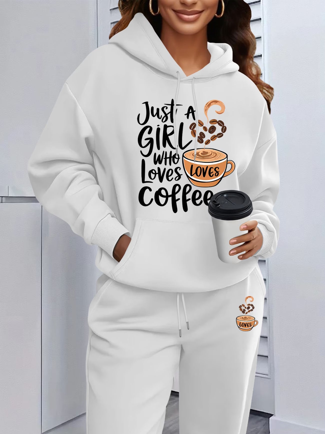 Coffee Lover Cup & Text Print Hooded Sweatshirt & Joggers Set
