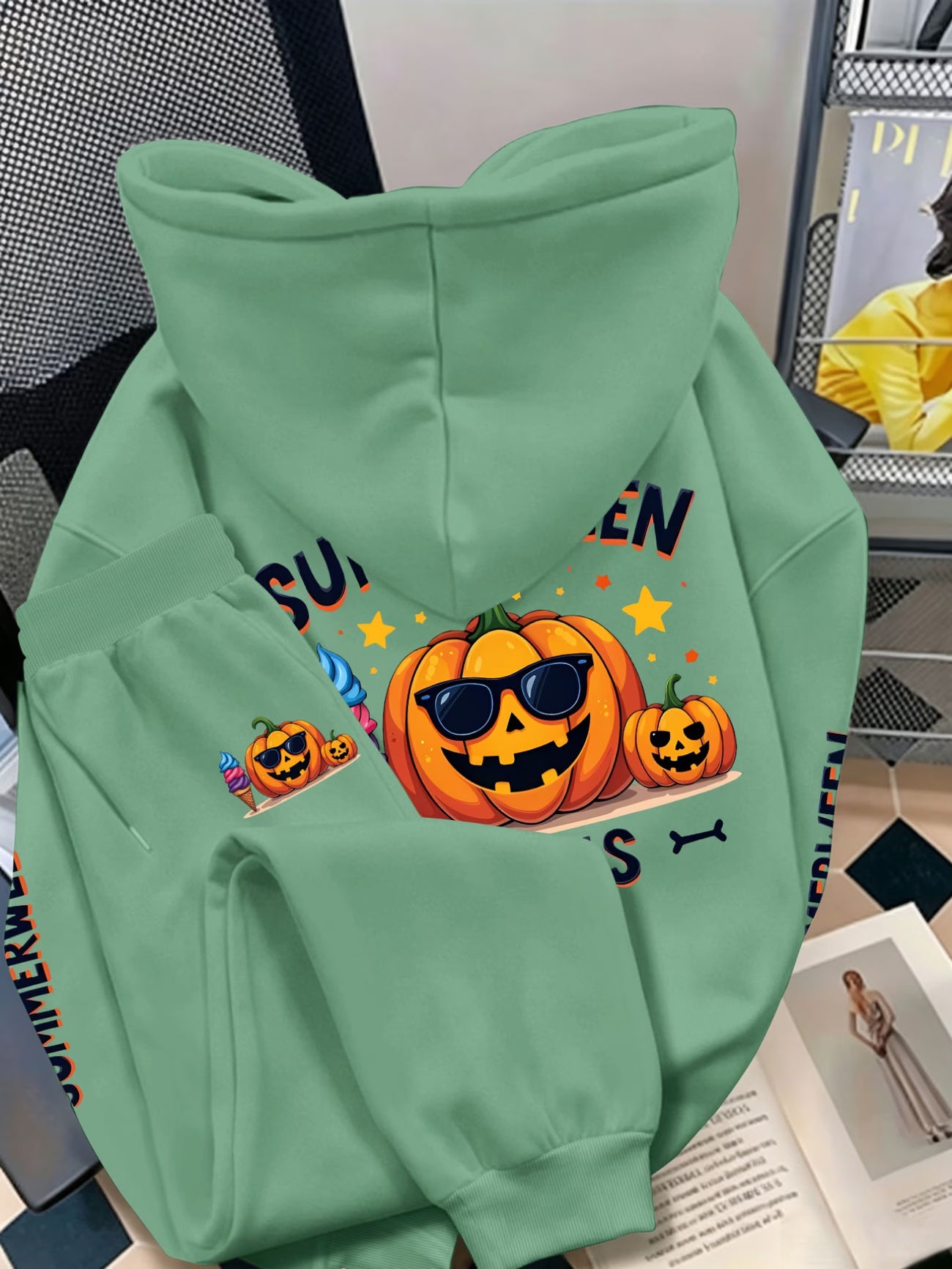 Plus Size Halloween Hooded Sweatshirt Set — Cool Pumpkin in Sunglasses Triple Back Print