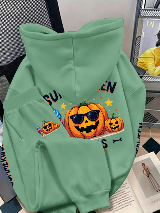 Plus Size Halloween Hooded Sweatshirt Set — Cool Pumpkin in Sunglasses Triple Back Print