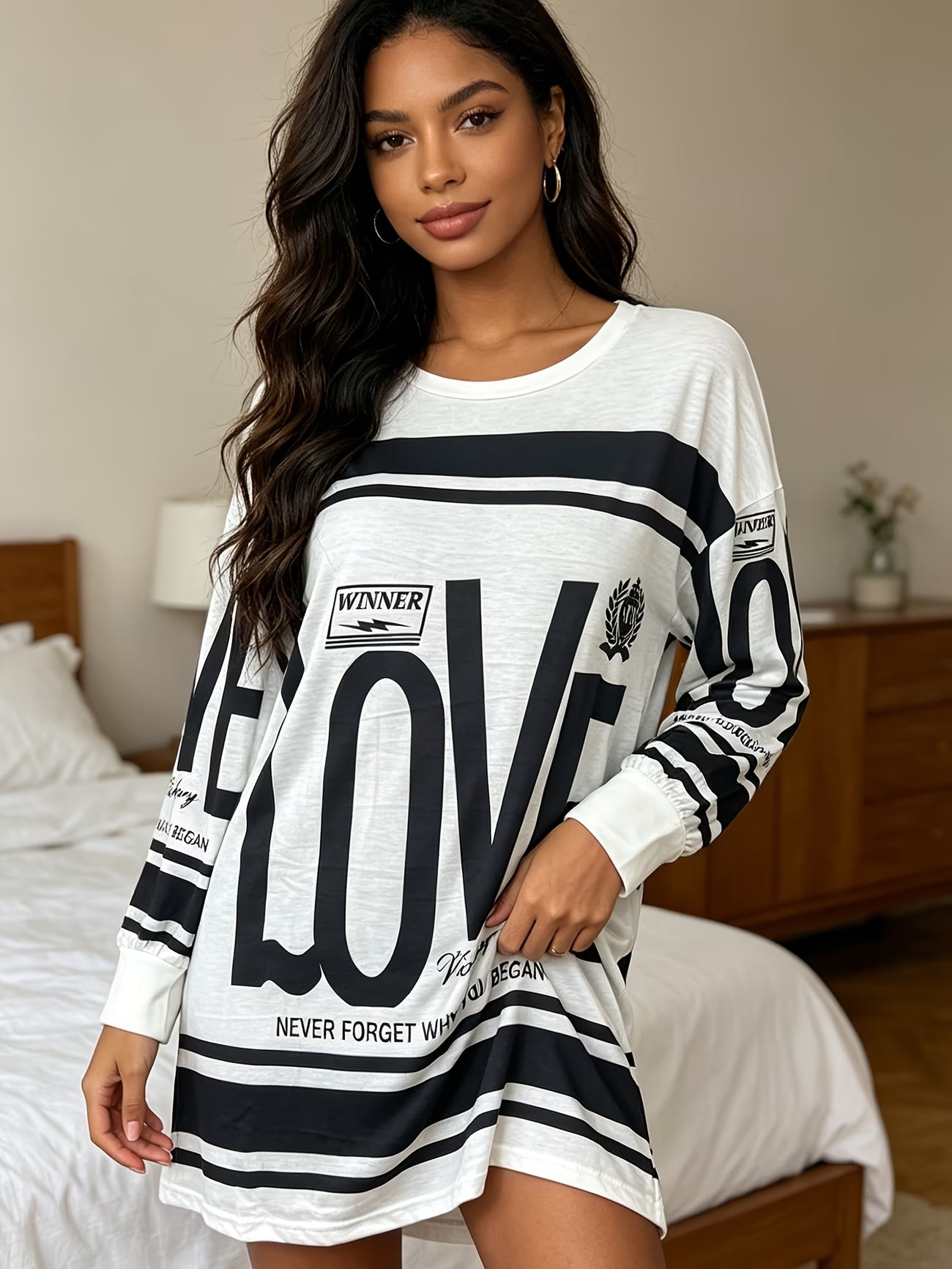 Lazy-Style Letter Print Long-Sleeve Nightgown